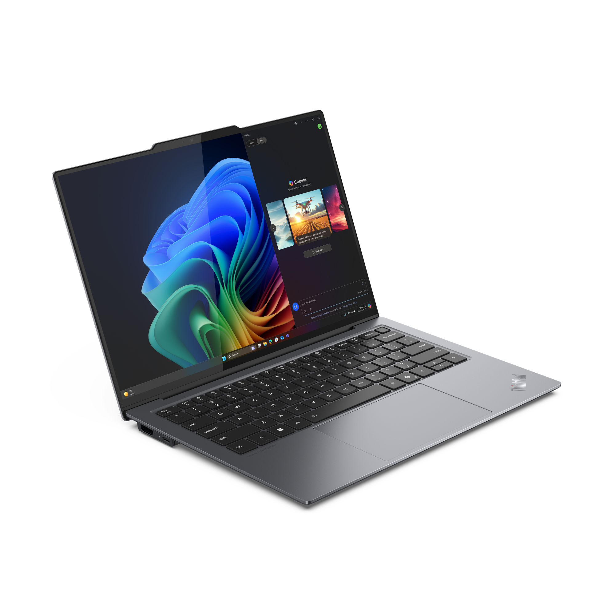 Ein grauer Laptop ist geöffnet und zeigt ein farbenfrohes abstraktes Bild. Der Bildschirm zeigt eine KI-Assistenten-Oberfläche.
