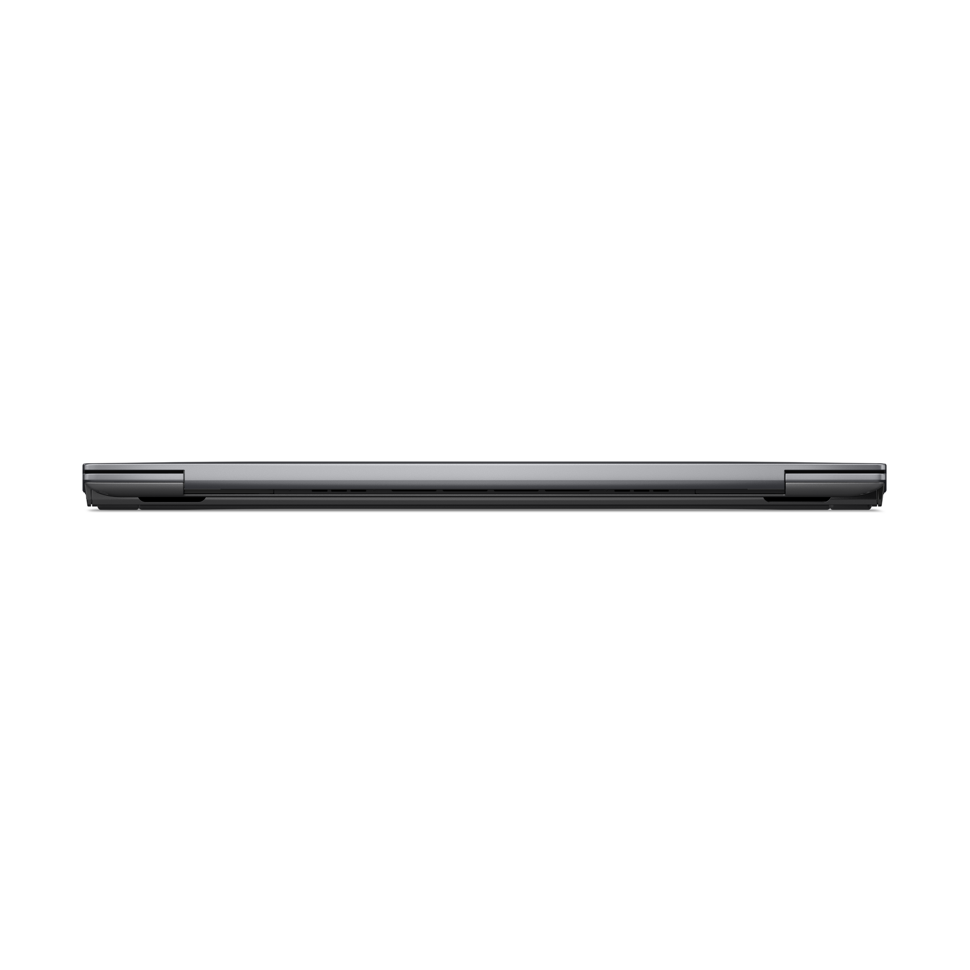 Die Oberkante eines geschlossenen grauen Laptops ist zentriert. Das Bild ist eine Draufsicht vor weißem Hintergrund.