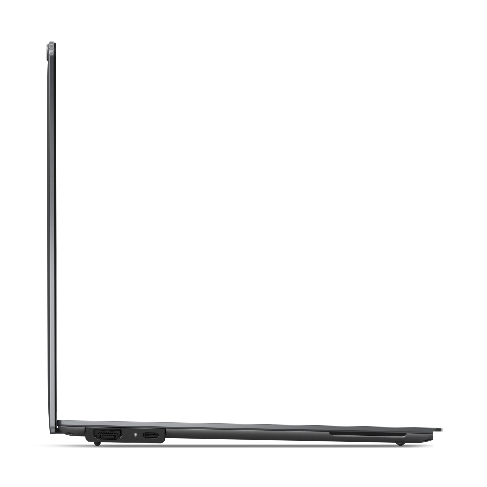 Seitenansicht eines Laptops. Sichtbar sind Bildschirm, Anschlüsse und Basis. Die Farbe ist Grau und Schwarz.