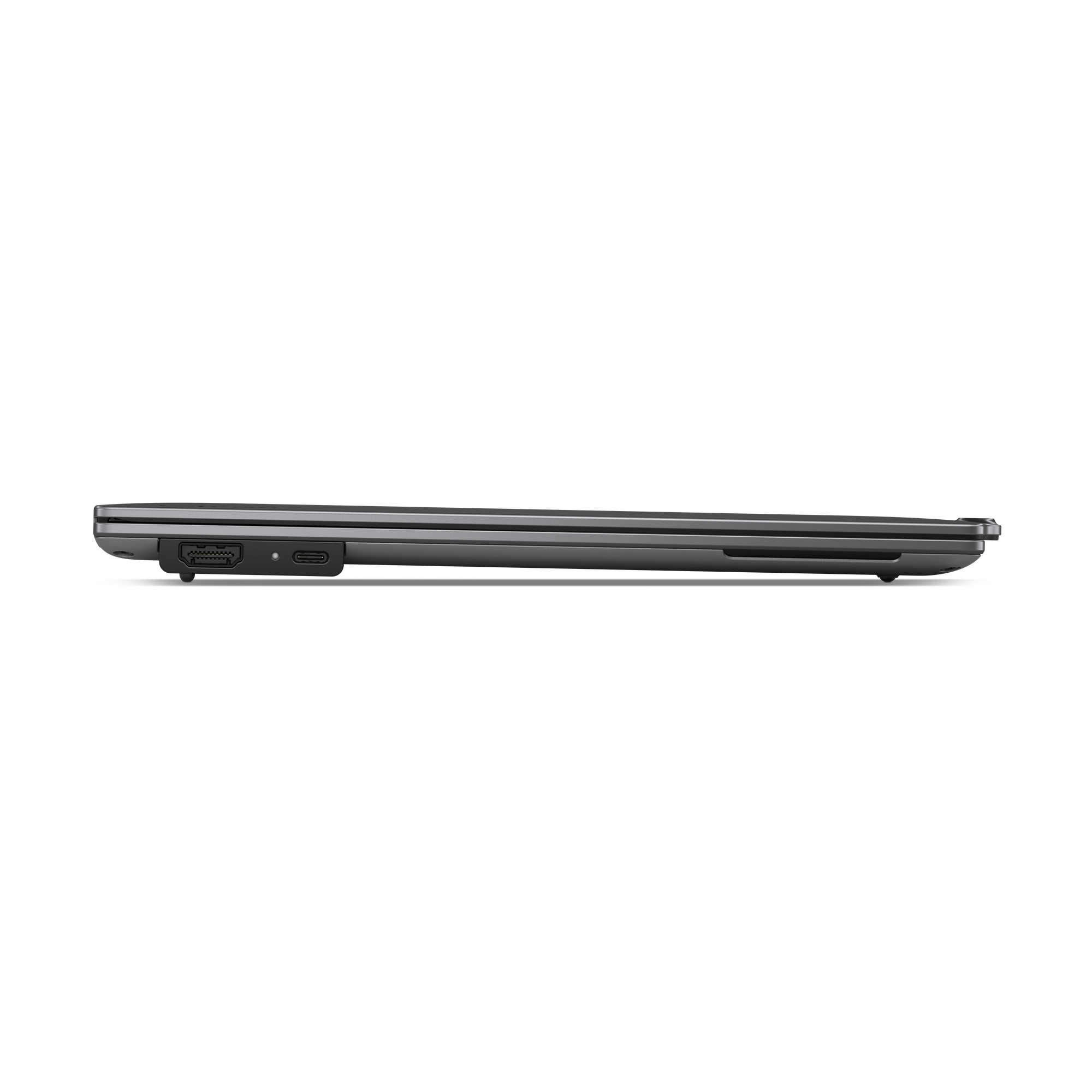 Seitenansicht eines grauen Laptops. Sichtbare Anschlüsse sind HDMI, USB-C und ein Ladeanschluss. Der Laptop ist geschlossen.