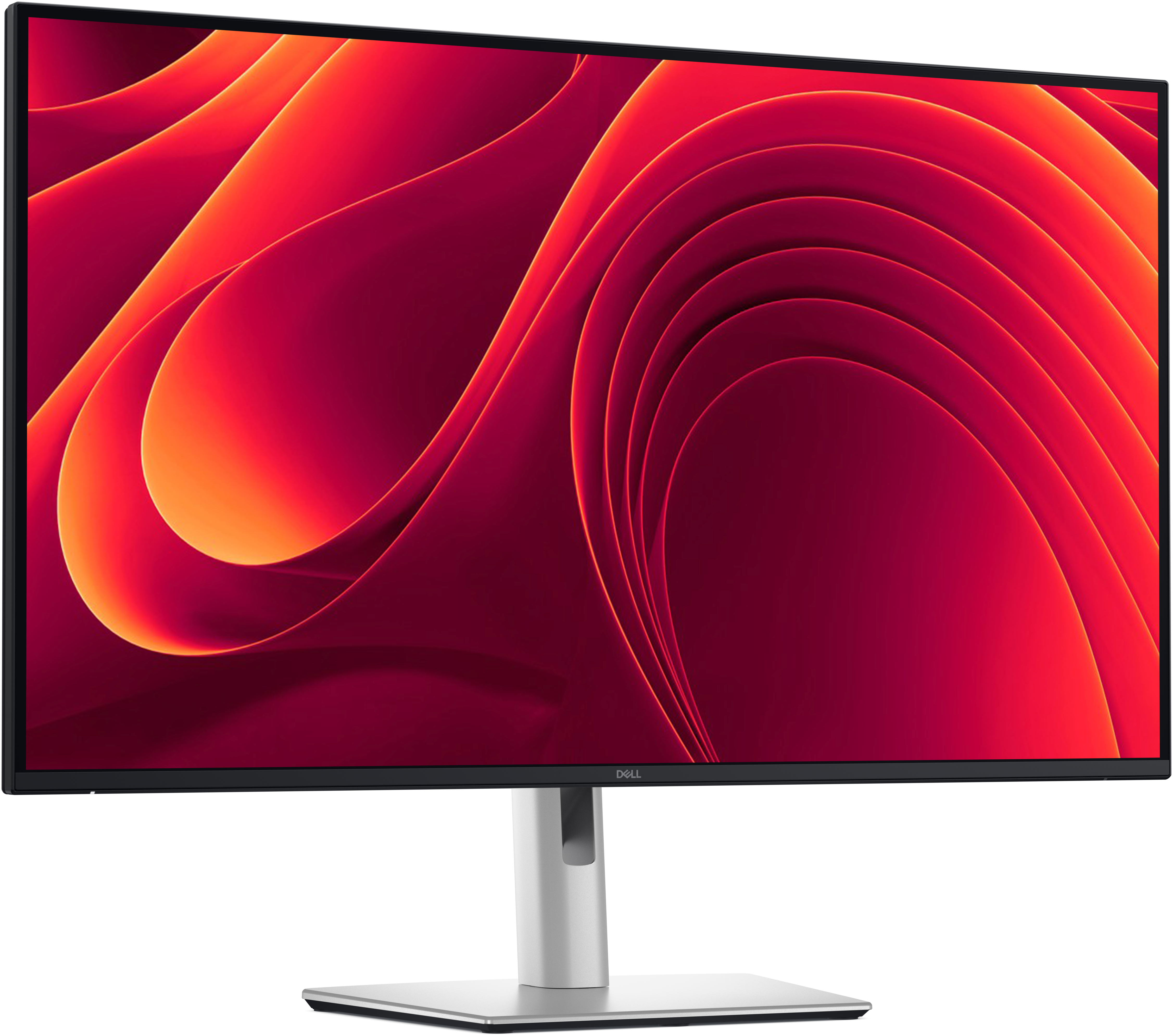 Ein Dell-Monitor zeigt ein abstraktes rotes und oranges Design. Er hat einen silbernen Ständer und einen schwarzen Rahmen.