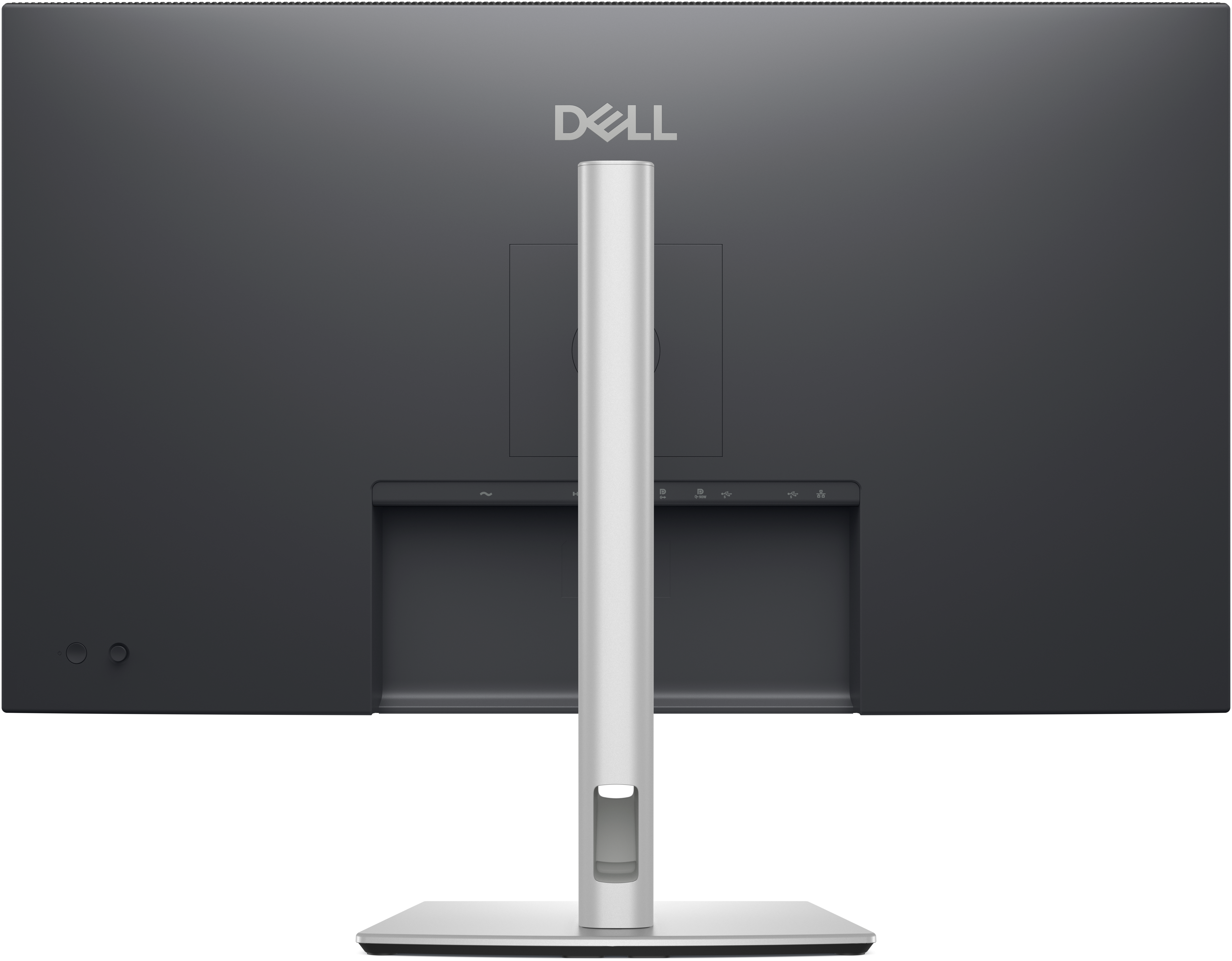Rückseite eines Dell-Monitors. Grauer Bildschirm und Ständer mit Dell-Logo. Anschlüsse und Tasten unten.