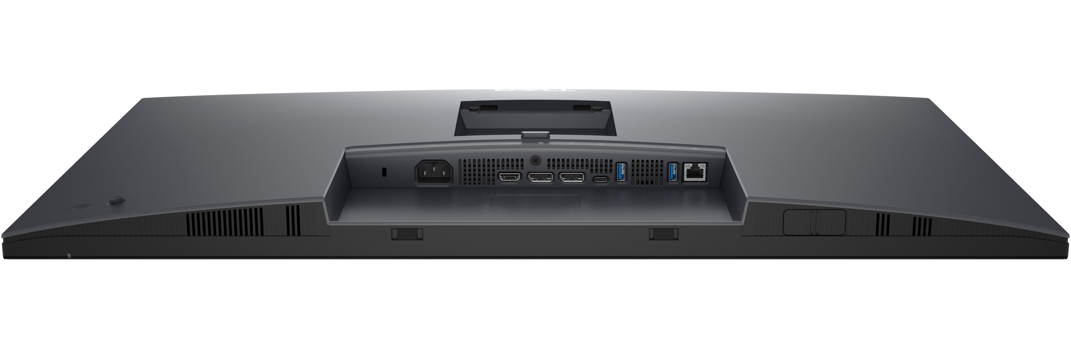 Die Rückseite eines grauen Monitors zeigt Anschlüsse für Strom, HDMI, USB und Ethernet. Lüftungsschlitze sind sichtbar.
