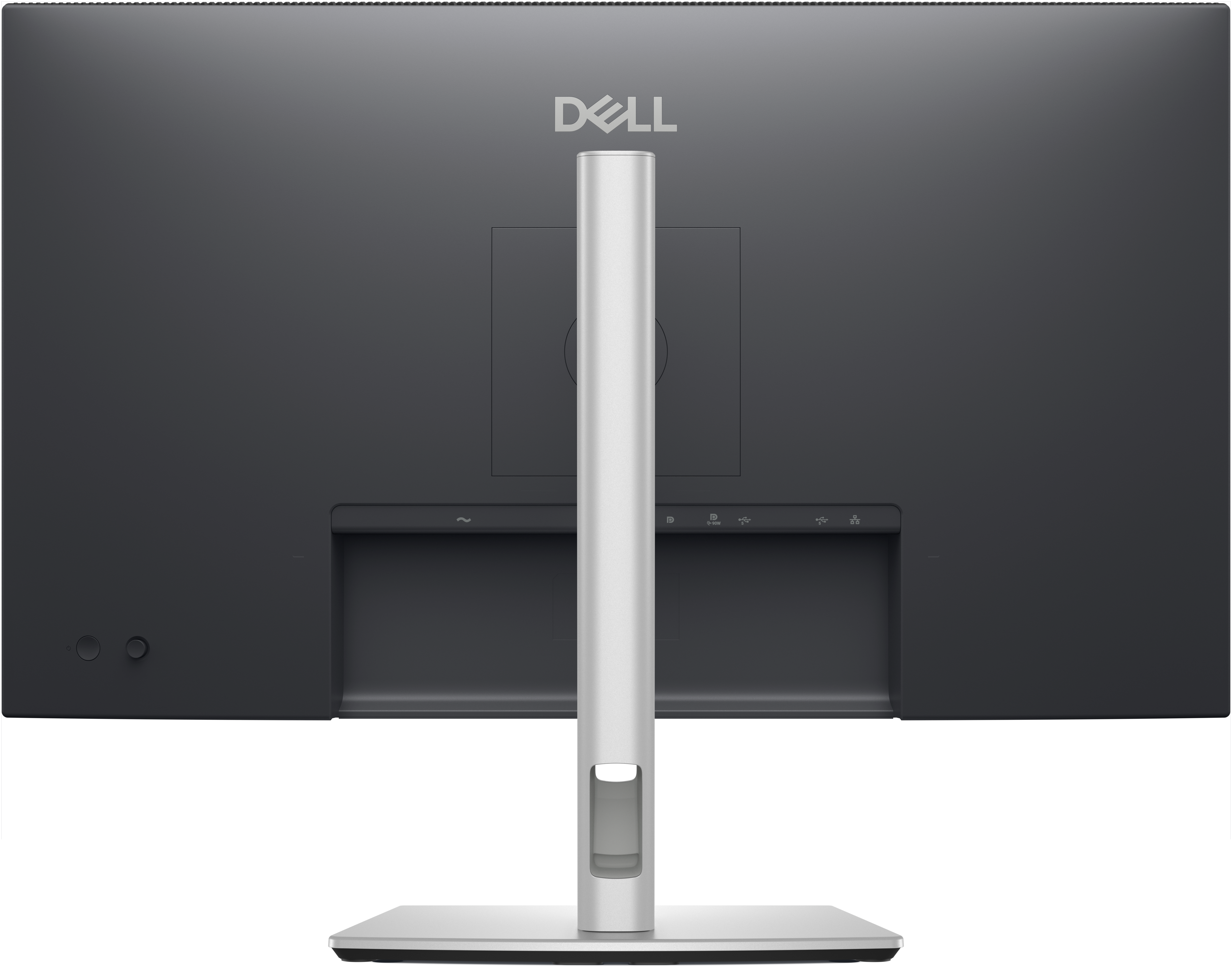 Rückseite eines Dell-Monitors. Der Ständer ist silberfarben, der Monitor schwarz mit Dell-Logo.