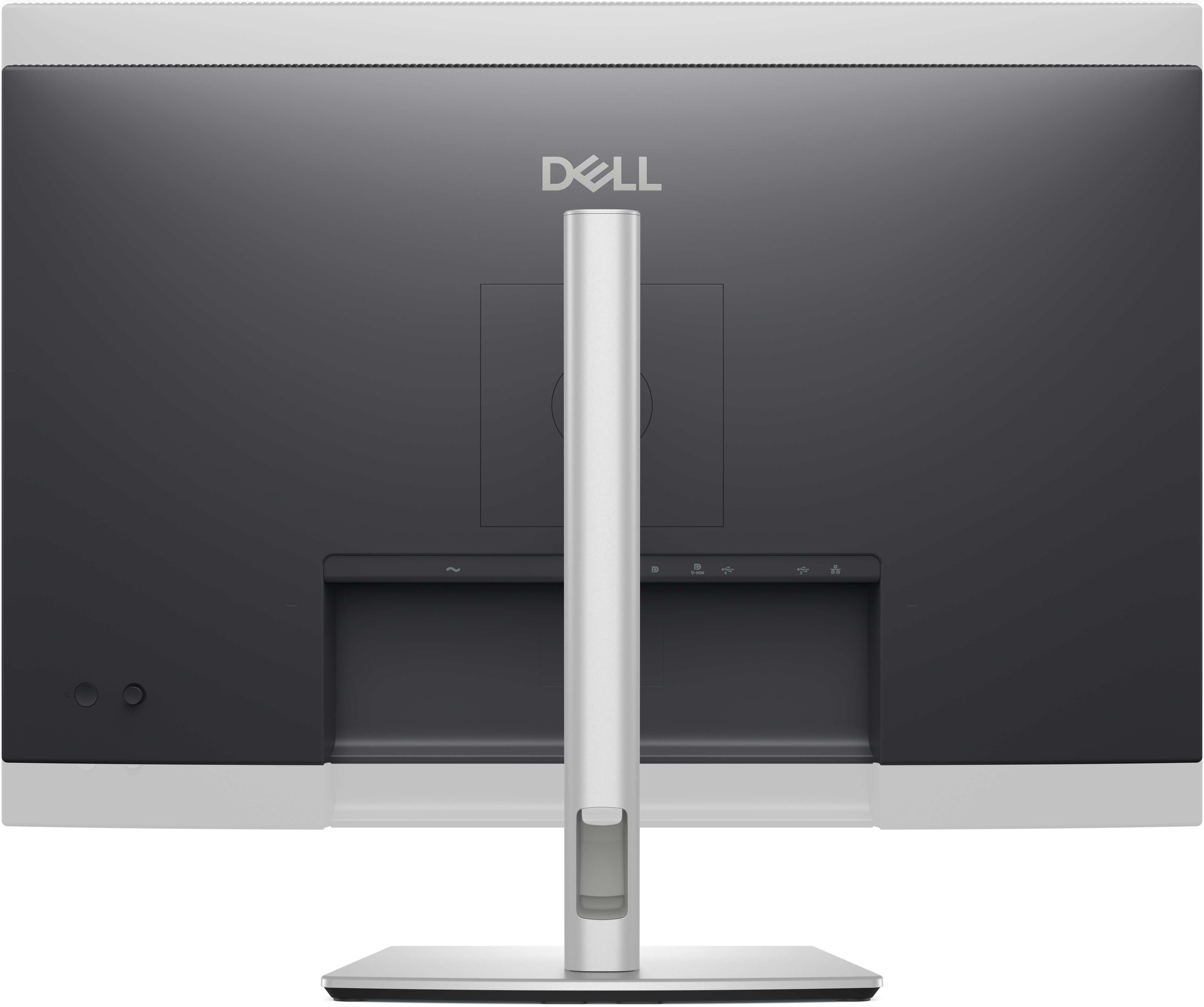 Rückseite eines Dell-Monitors. Er hat einen dunkelgrauen Bildschirm, einen silbernen Ständer und das Dell-Logo.