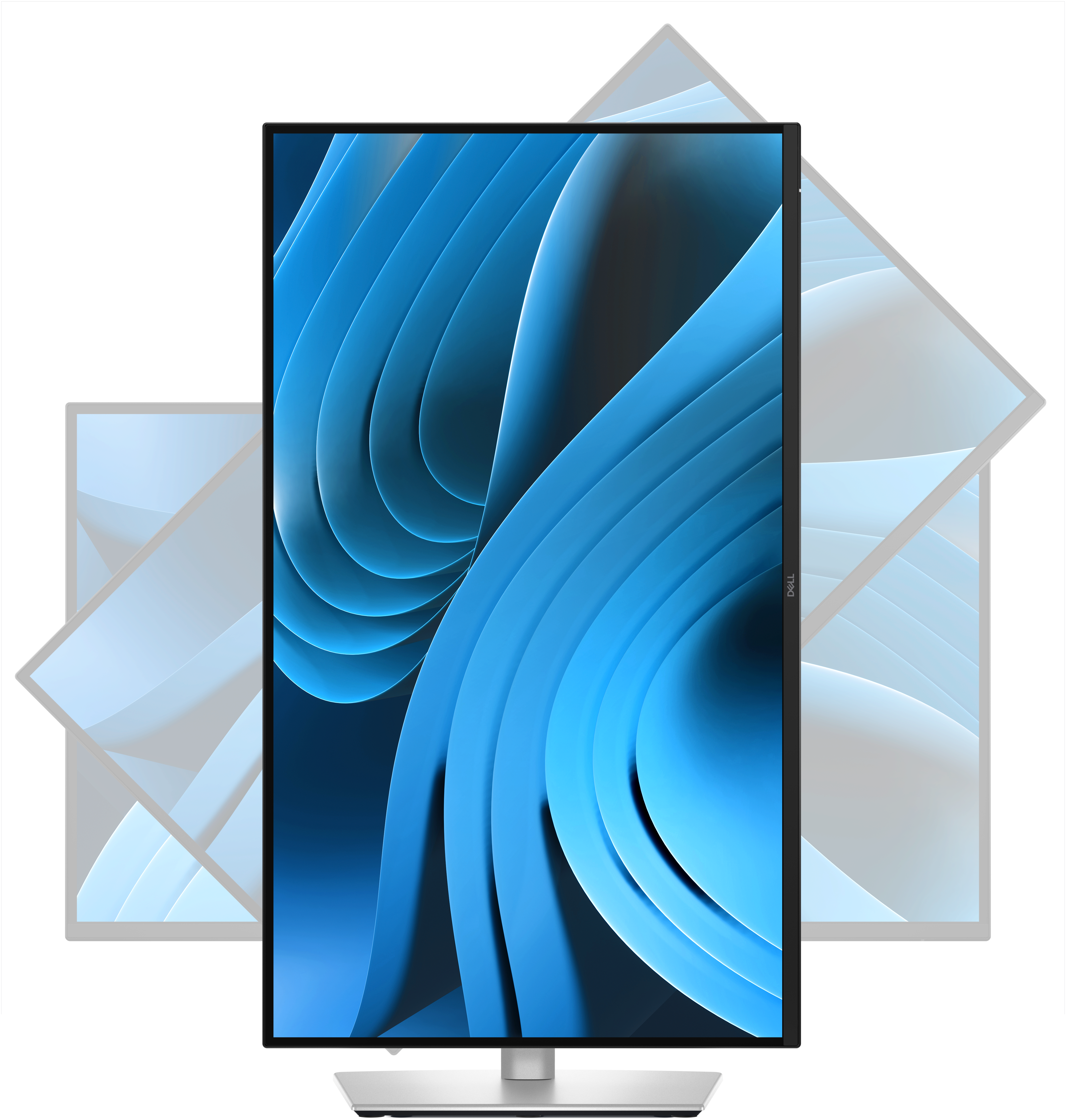 Ein Dell-Monitor mit blauem, abstraktem Hintergrundbild. Der Monitor befindet sich vor drei hellgrauen Monitoren auf weißem Hintergrund.