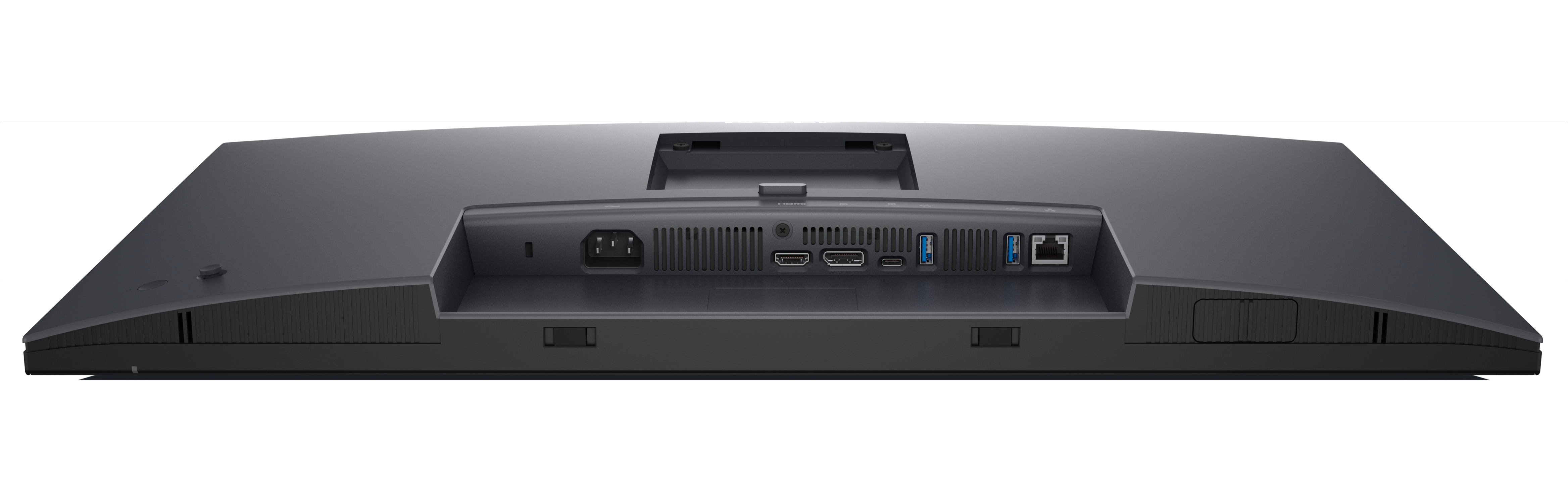 Rückseite eines schwarzen Monitors mit Anschlüssen für Strom, HDMI, USB und Netzwerkanschluss.