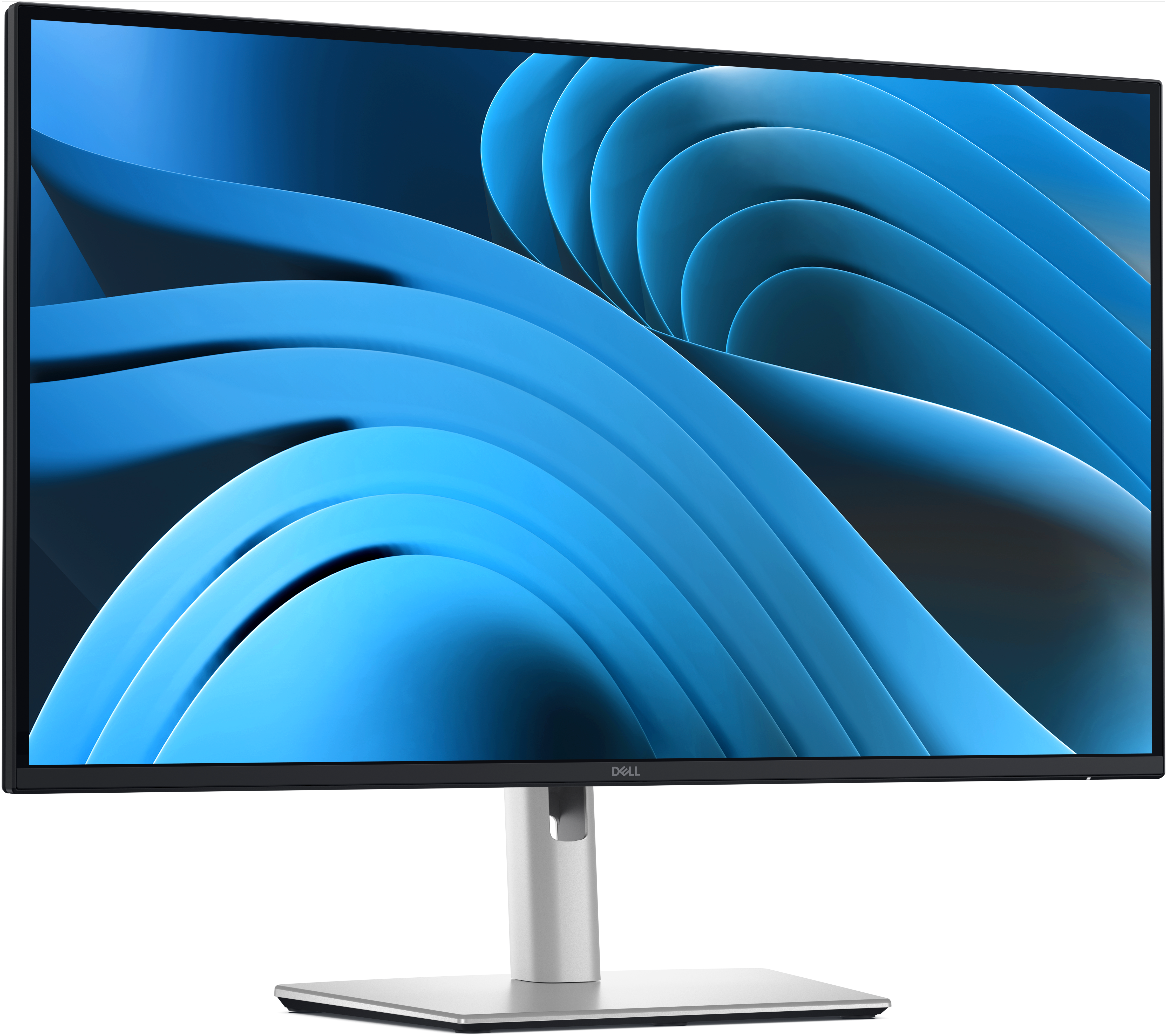 Ein Dell-Monitor mit blauem, abstraktem Hintergrund. Der Ständer ist silberfarben, der Bildschirm schwarz.