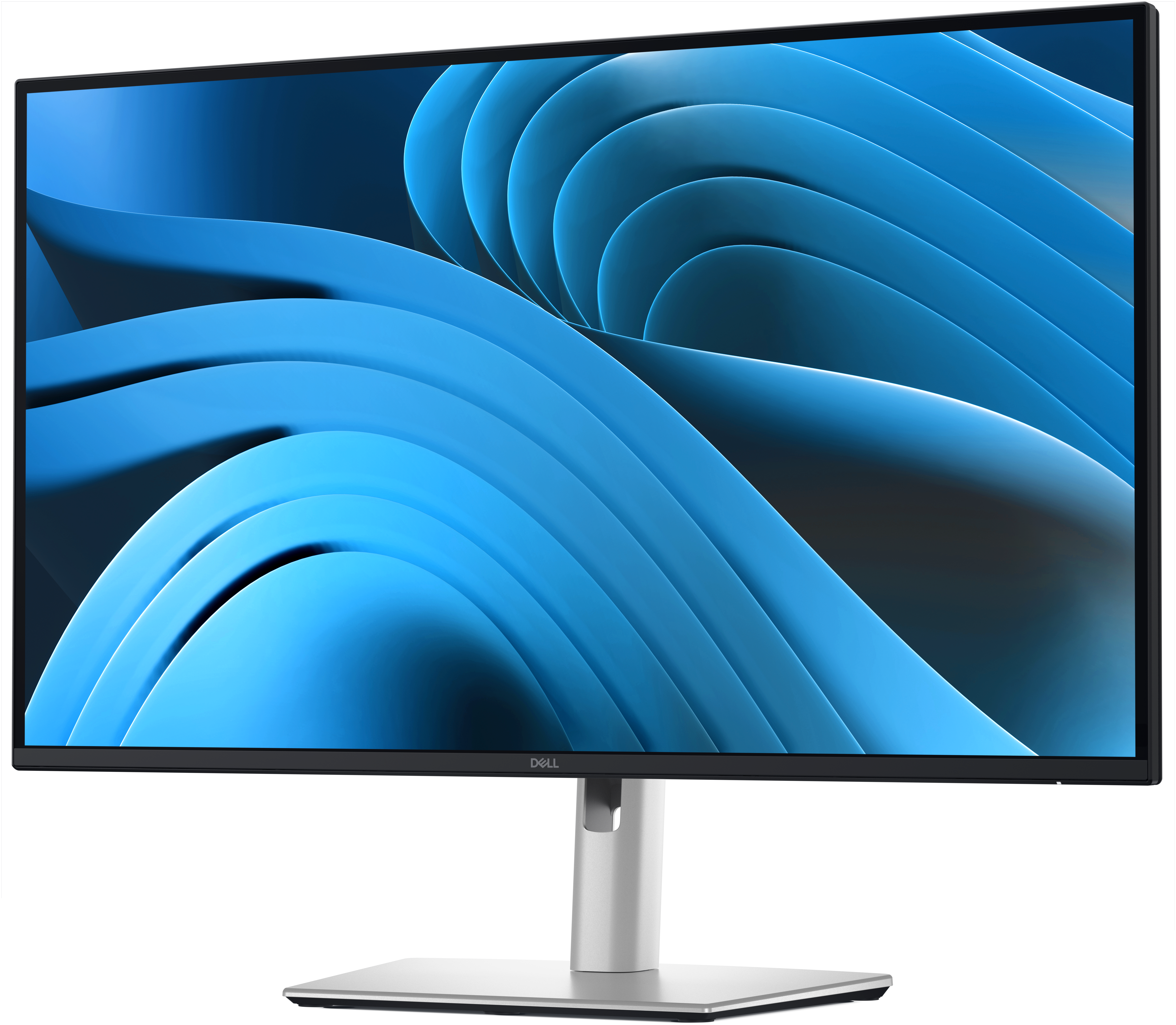 Ein Dell-Monitor zeigt ein blaues, abstraktes Design. Der Monitor hat einen schwarzen Rahmen und einen silbernen Ständer.