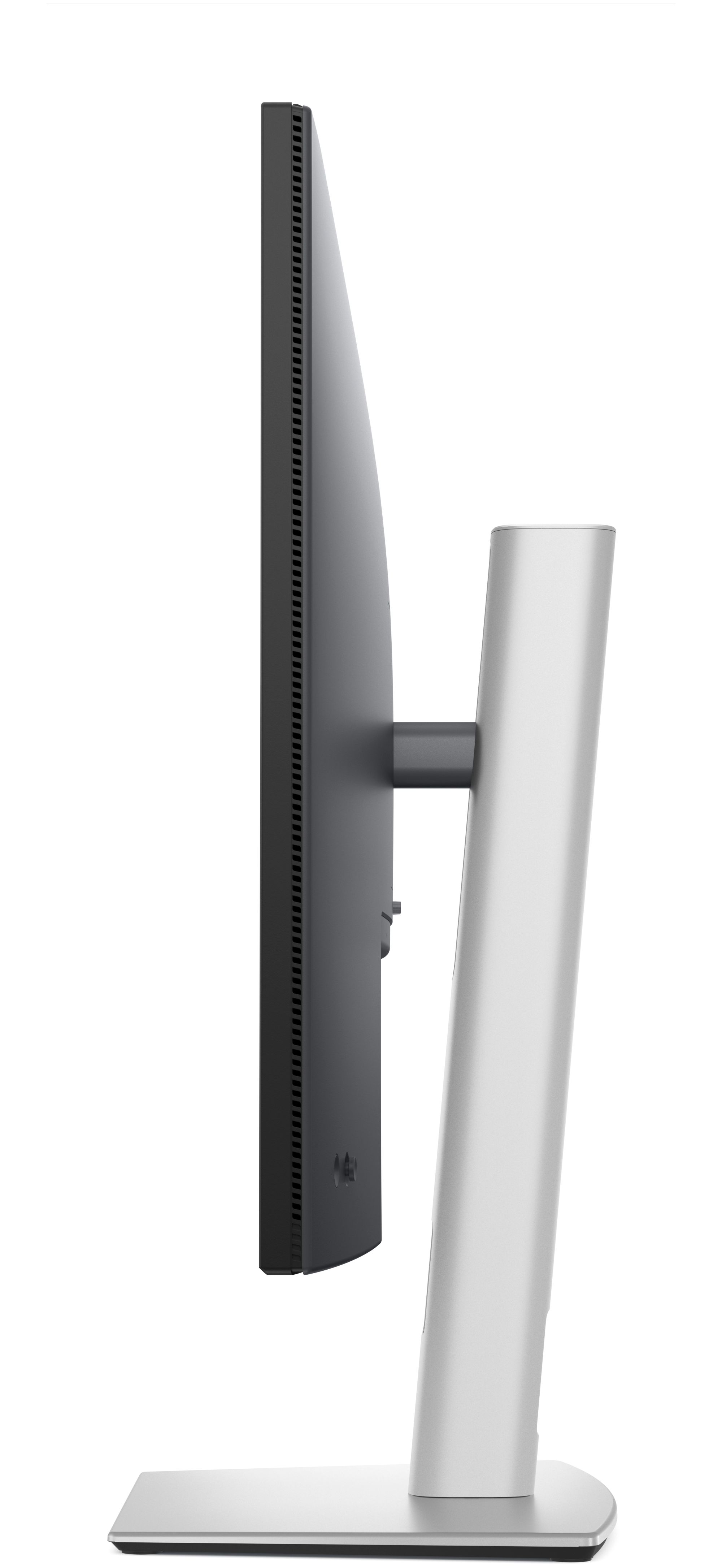 Seitenansicht eines silbernen Computermonitors. Der Monitor wird von einem weißen Ständer getragen, mit schwarzem Hintergrund.