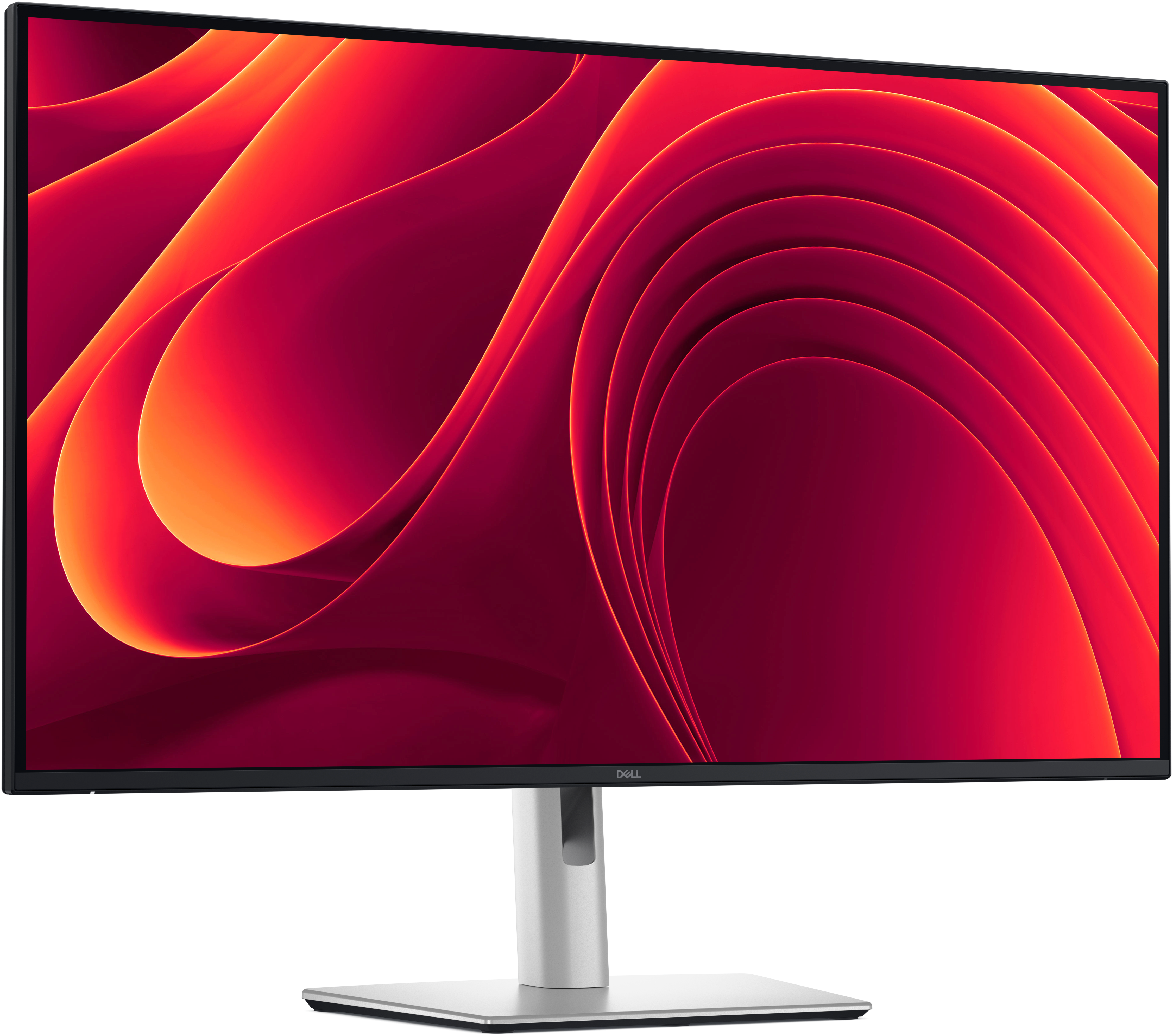Ein Dell-Monitor zeigt ein abstraktes rotes und oranges Design. Der Ständer ist silberfarben, mit schwarzem Rand.
