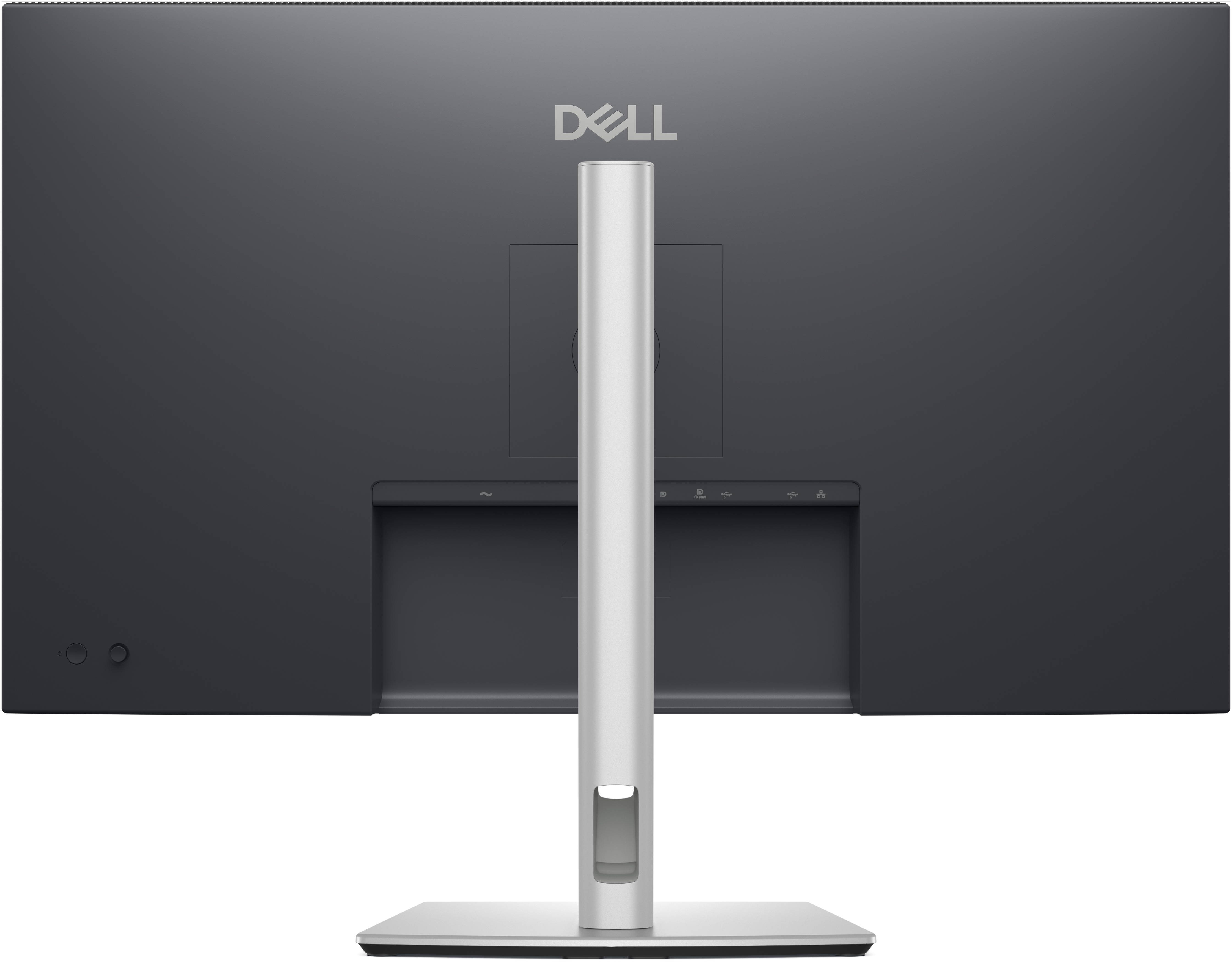 Rückseite eines Dell-Monitors, dunkelgrau. Ständer ist silbern. Dell-Logo oben. Anschlüsse, Knöpfe und Stromeingang sind sichtbar.