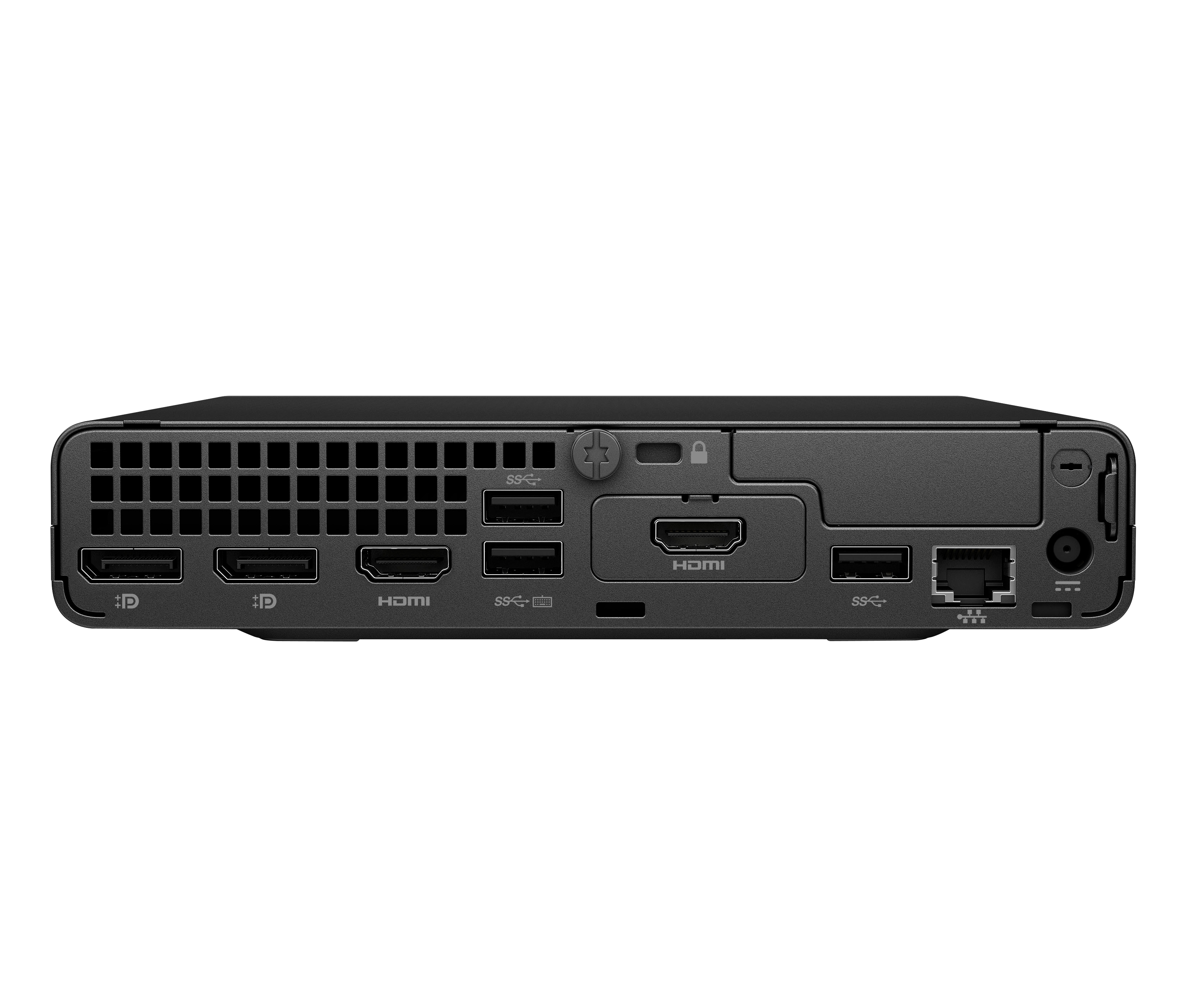 Ein schwarzer Mini-PC mit verschiedenen Anschlüssen: HDMI, USB, Ethernet und Stromeingang. Die Vorderseite hat Lüftungslöcher.