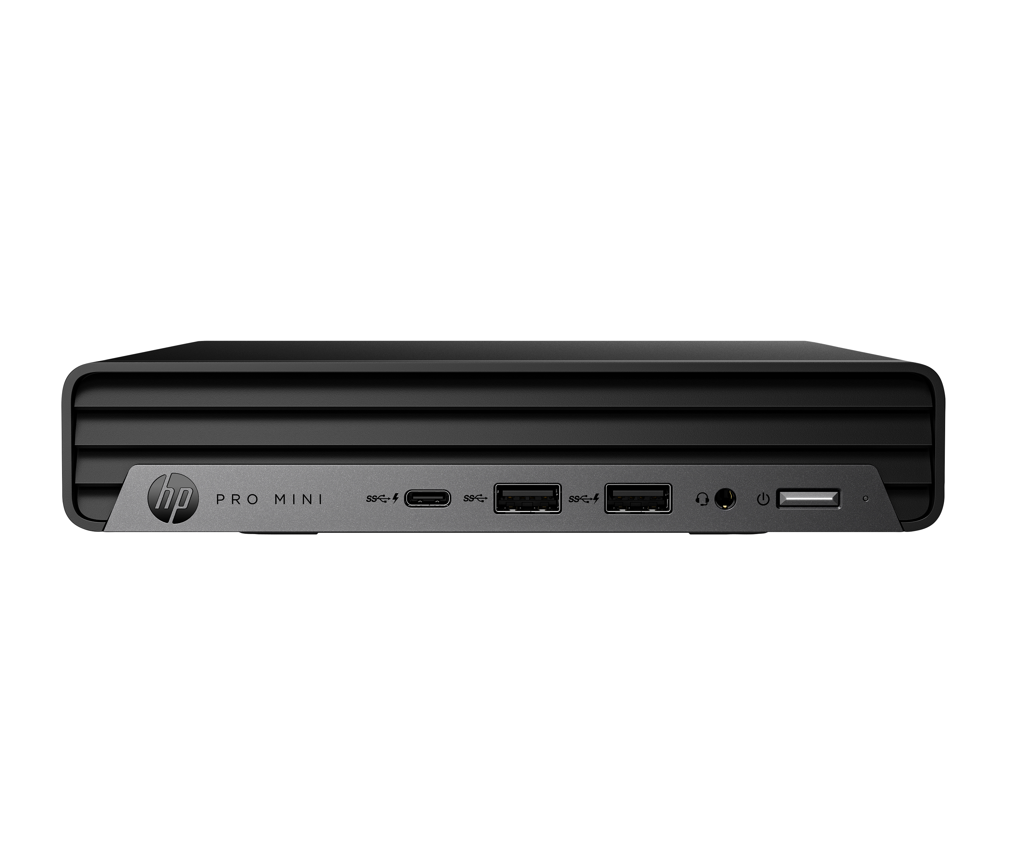 Schwarzer HP Pro Mini-Computer. Zu den Merkmalen gehören USB-Anschlüsse, Audioanschluss, Netzschalter und das HP-Logo. Dunkler Hintergrund.