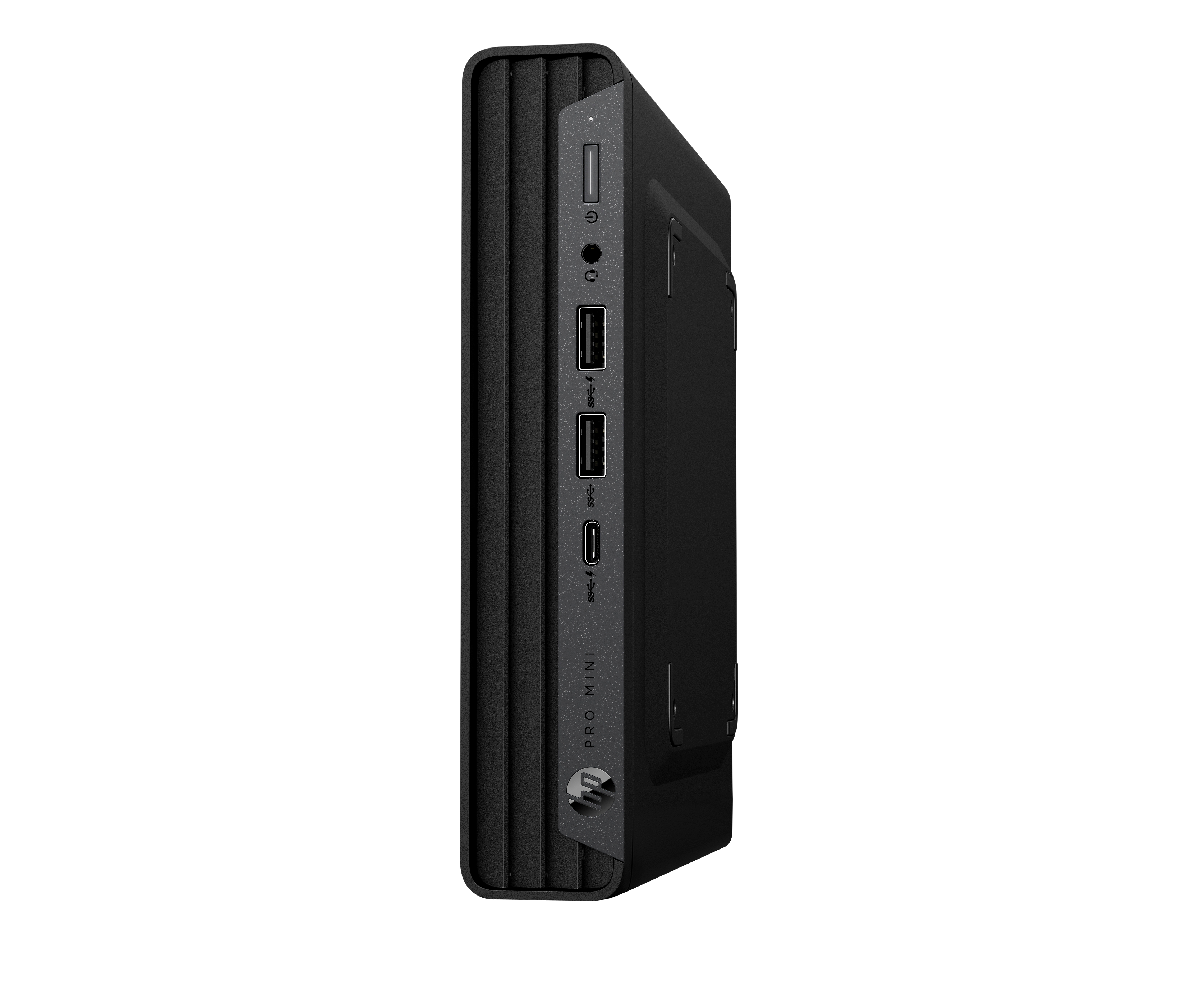 Ein schwarzer HP Pro Mini PC wird im Profil gezeigt. Er hat Anschlüsse für USB, Strom und Audio, auf schwarzem Hintergrund.