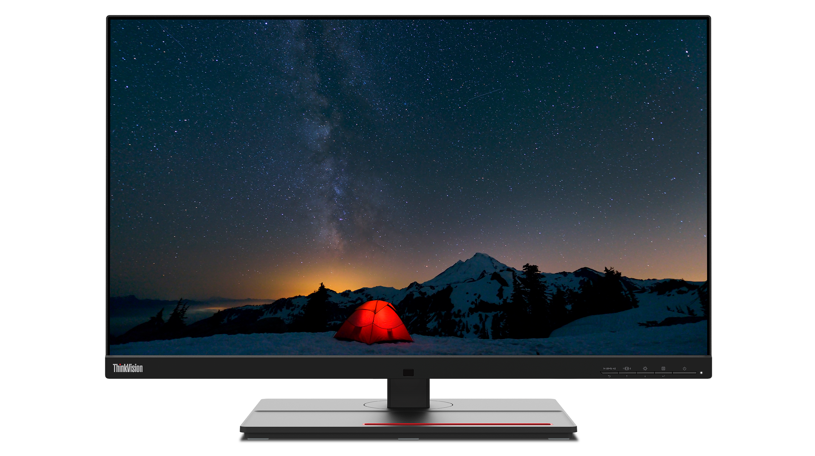 Ein Monitor zeigt einen Nachthimmel mit Sternen, eine Bergkette und ein rotes Zelt. Der Monitor steht auf einem weißen und schwarzen Ständer.