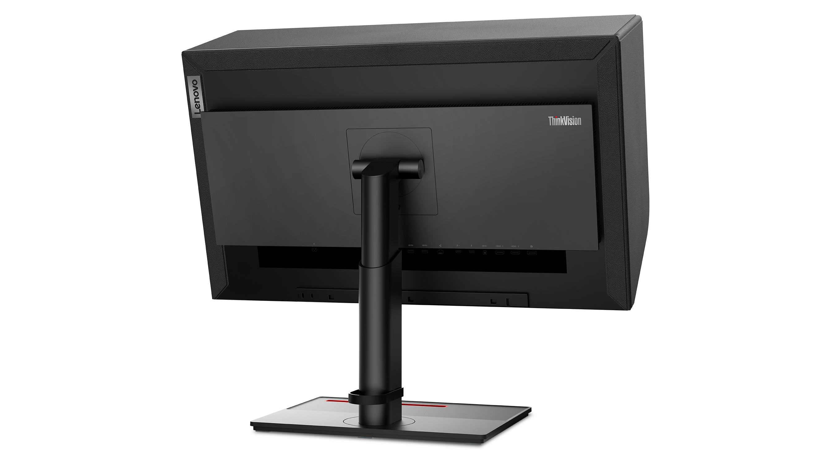 Schwarzer Lenovo ThinkVision Monitor Rückansicht. Zeigt Ständer, Anschlüsse und Logo. Schwarzer Hintergrund.