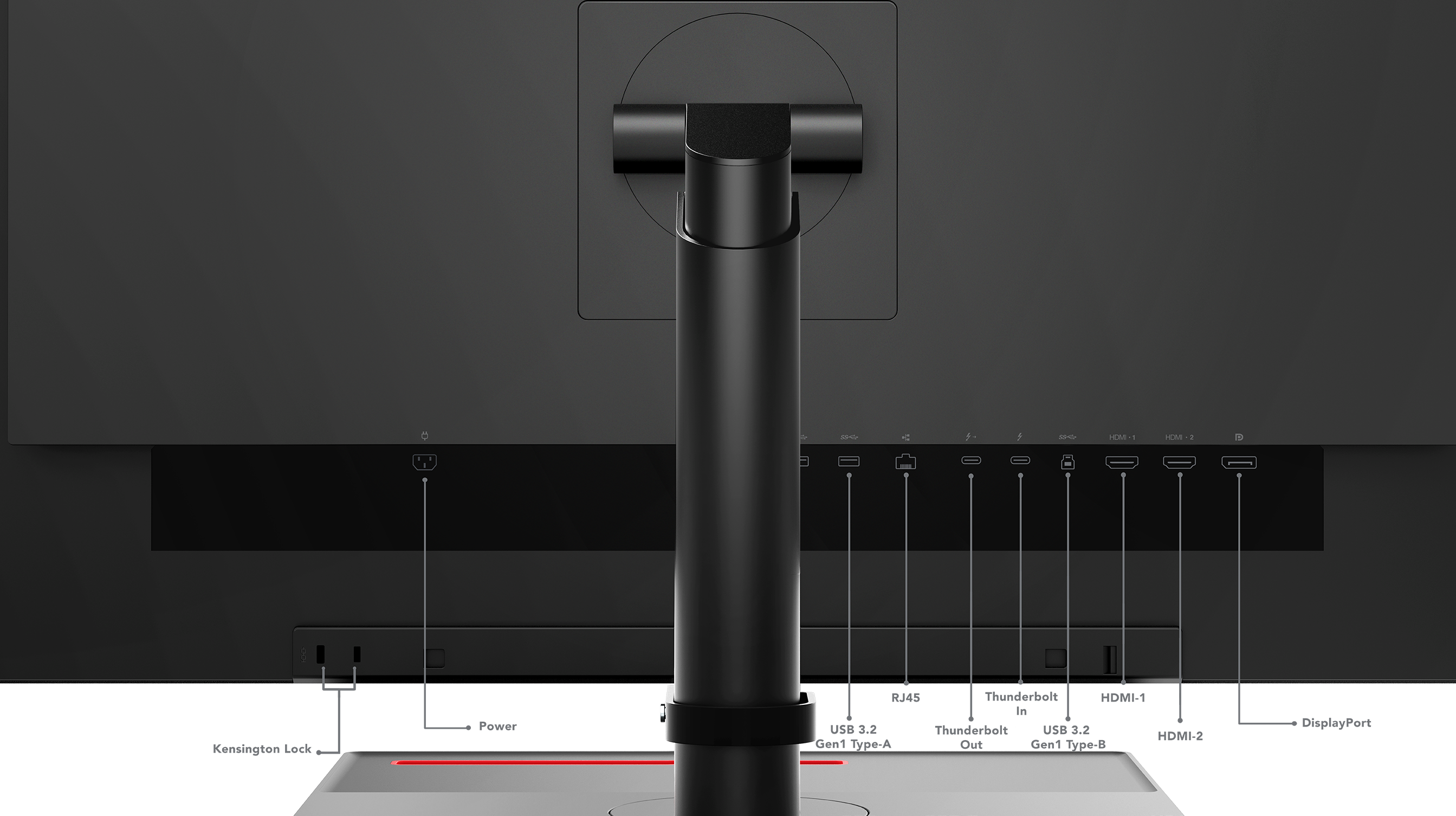 Rückseite eines schwarzen Monitors mit Anschlüssen: Kensington Lock, Strom, USB, Thunderbolt, HDMI, DisplayPort.