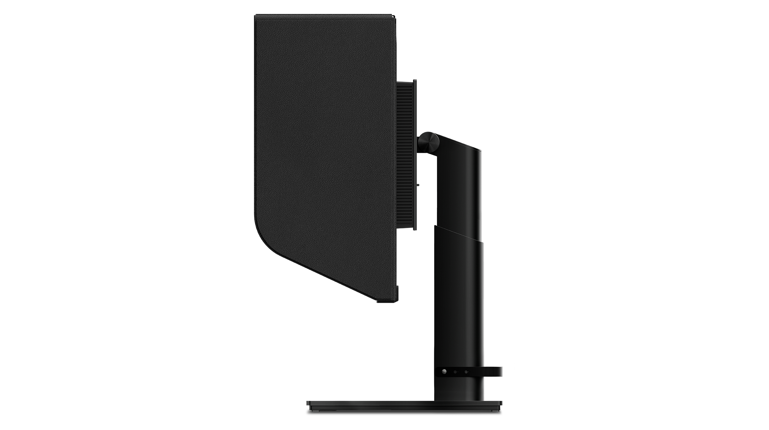 Ein schwarzer Computermonitor, von der Seite betrachtet, ist auf einem schwarzen Ständer vor schwarzem Hintergrund montiert.