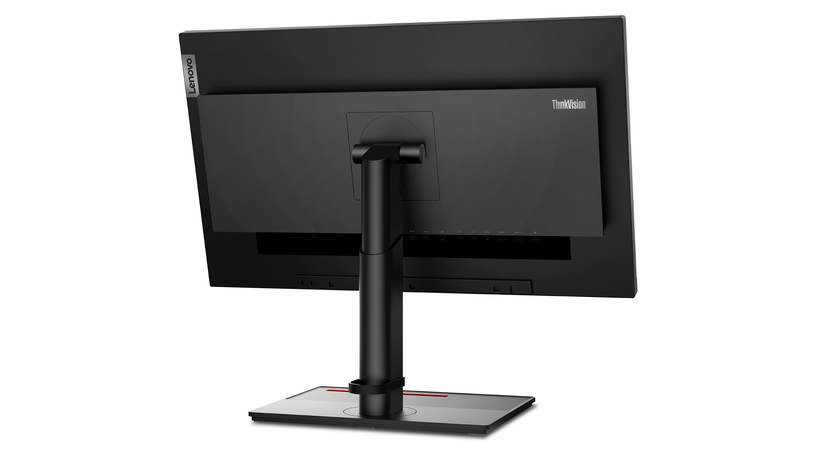 Rückansicht eines schwarzen Lenovo ThinkVision Monitors. Er hat einen Ständer und Lenovo-Branding. Anschlüsse sind unten sichtbar.