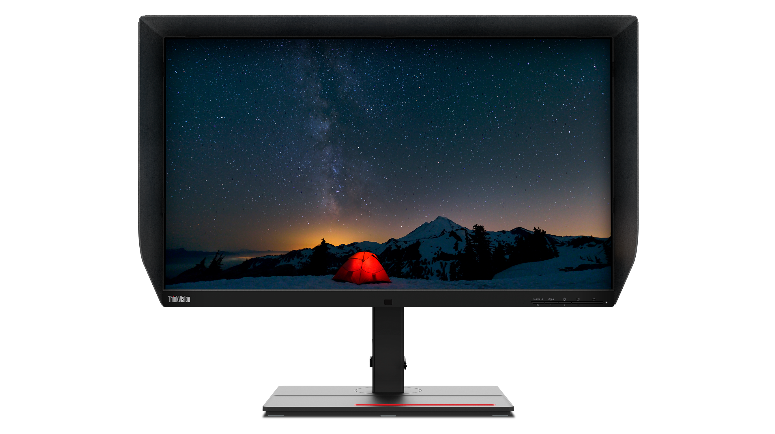 Ein Monitor zeigt einen Sternenhimmel über schneebedeckten Bergen. Ein rotes Zelt ist beleuchtet. Der Monitor hat einen schwarzen Rahmen und Ständer.