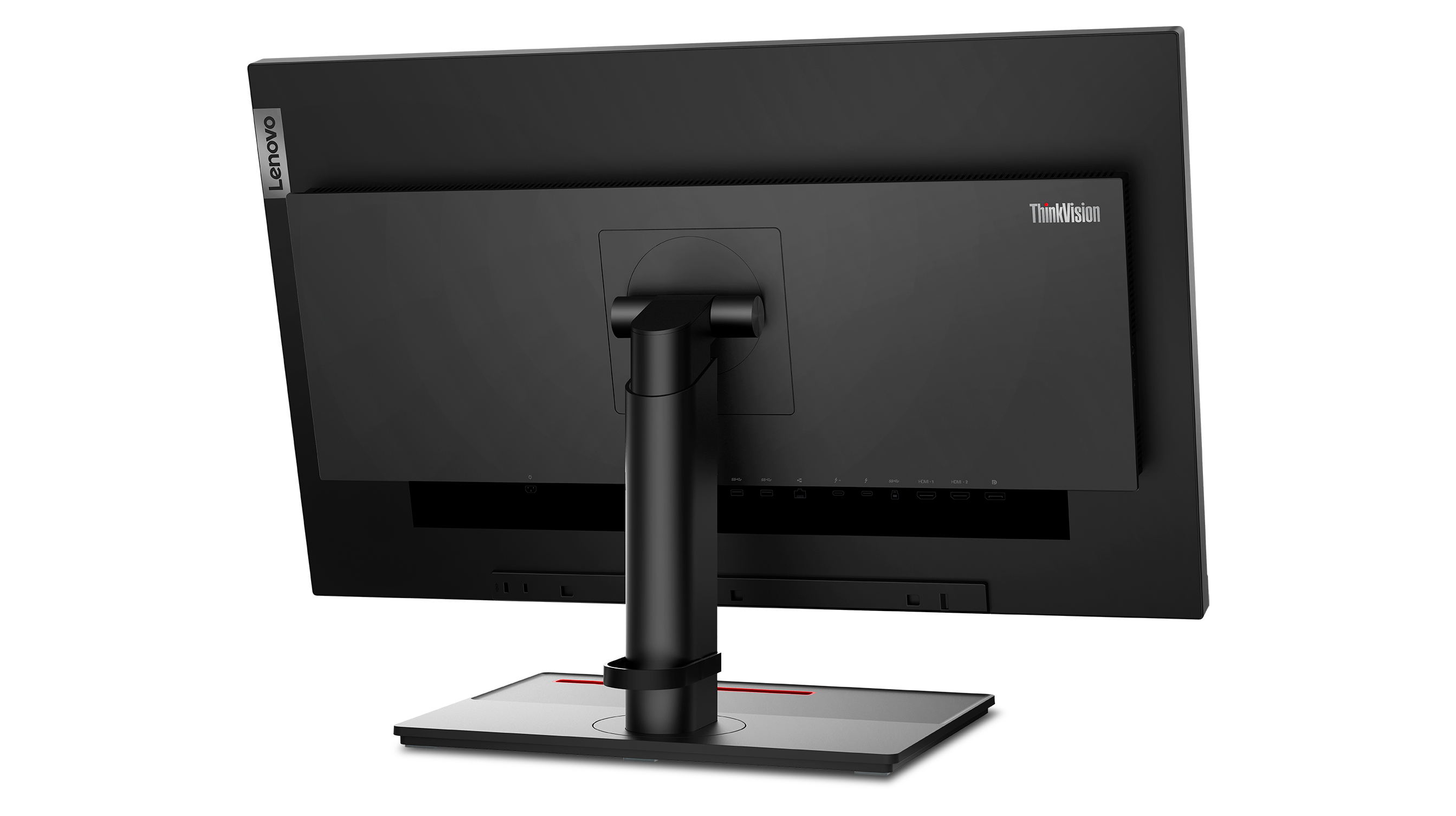 Rückansicht eines schwarzen Lenovo ThinkVision Monitors. Er hat einen Ständer und Anschlüsse. Das Lenovo-Logo ist oben links.