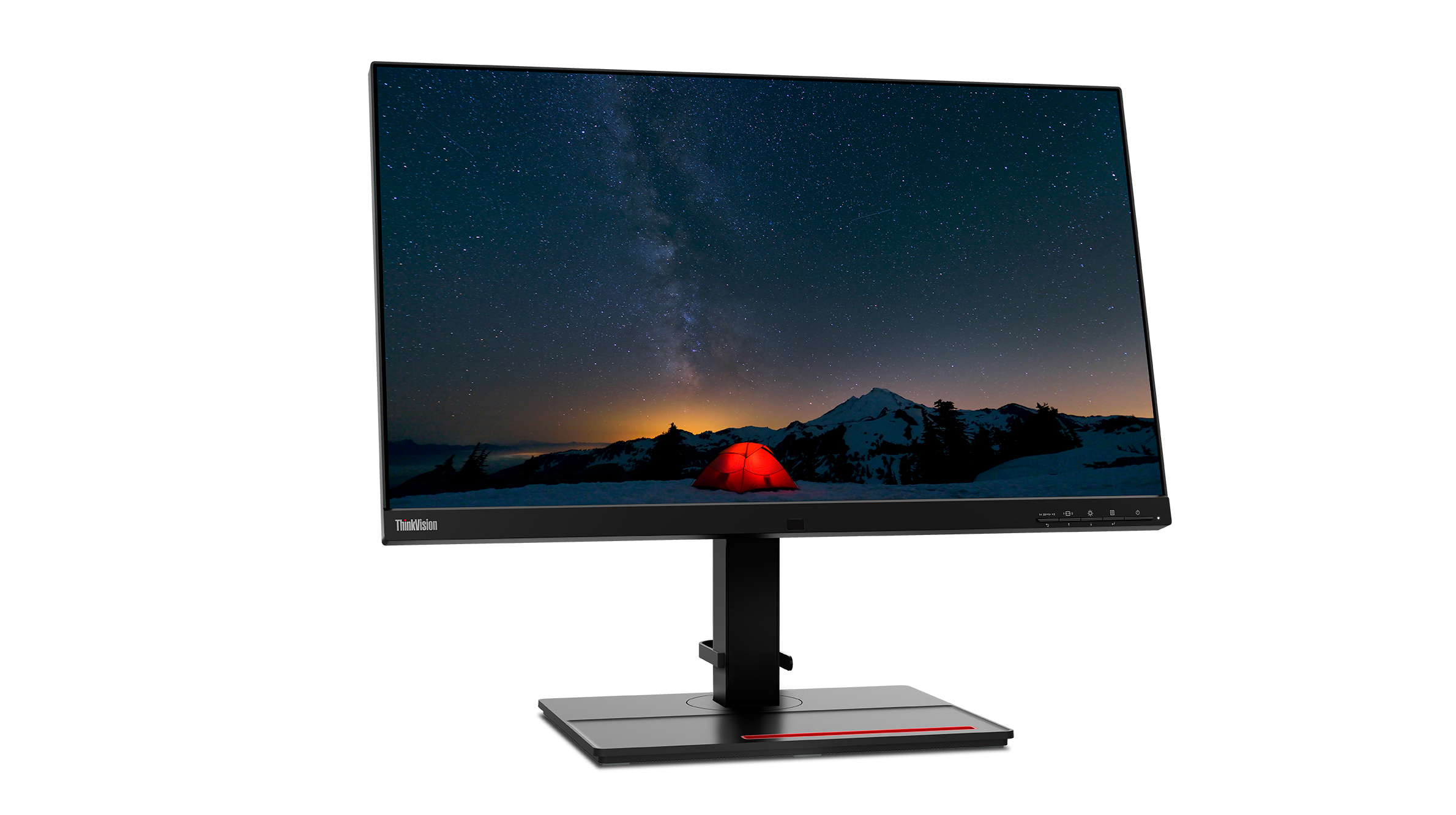 Ein ThinkVision-Monitor zeigt einen Sternenhimmel über einer Bergkette mit einem roten Zelt. Der Monitor ist schwarz und hat einen schwarzen Ständer.