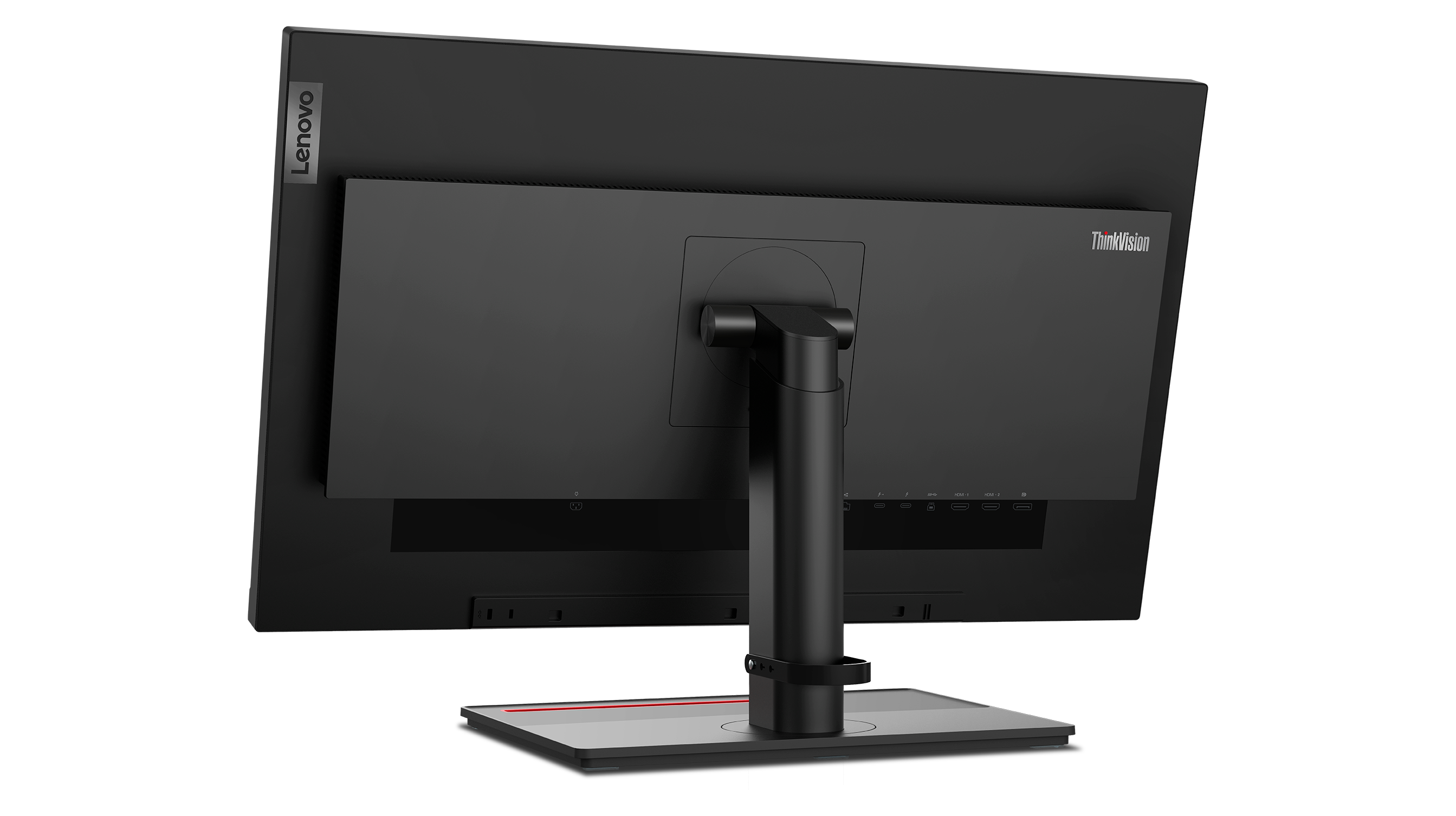 Rückansicht eines Lenovo ThinkVision Monitors. Schwarzer Rahmen, Ständer und Sockel. Lenovo- und ThinkVision-Logos sichtbar.