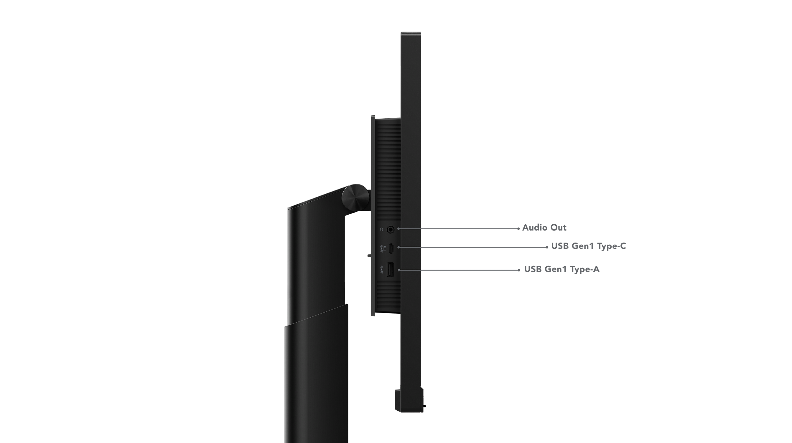 Seitenansicht eines schwarzen Monitors mit Anschlüssen wie Audioausgang, USB-C und USB-A, vor schwarzem Hintergrund.