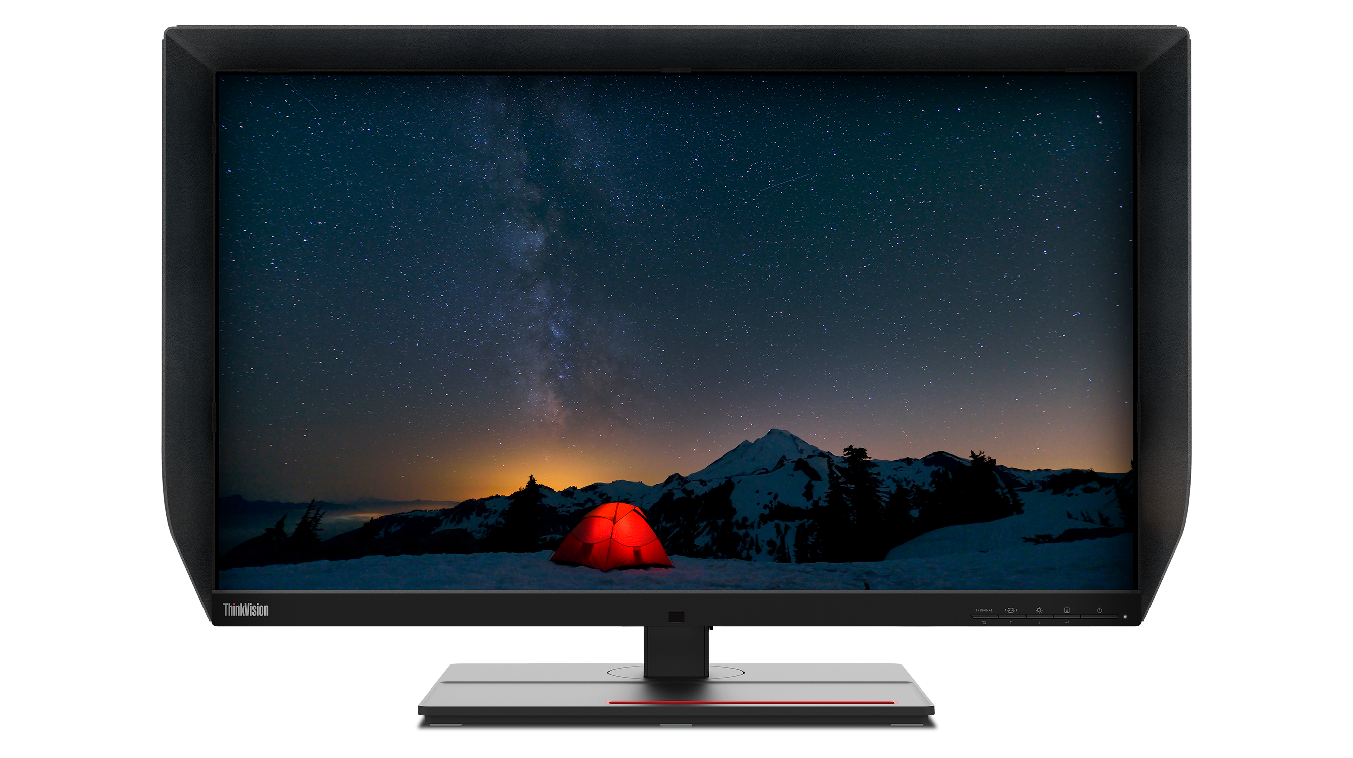 Ein Monitor zeigt einen Nachthimmel mit einem roten Zelt im Vordergrund, schneebedeckten Bergen und Sternen.