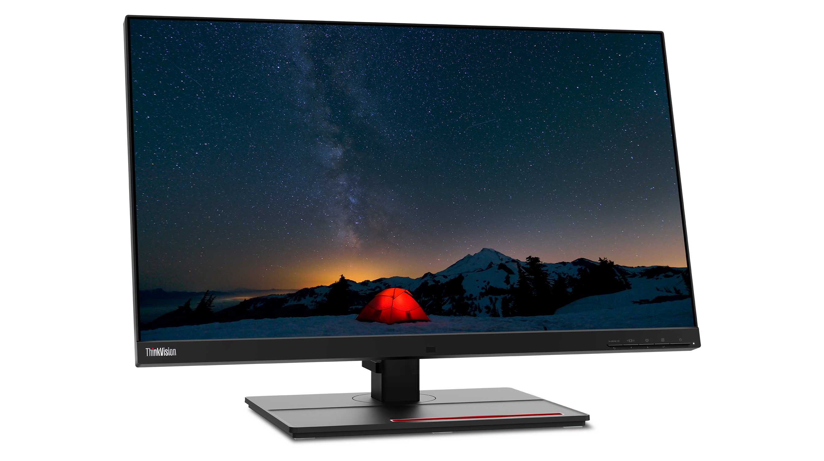 Ein Computermonitor zeigt eine sternenklare Nachtszene mit einem roten Zelt, Bergen und Bäumen unter der Milchstraße.