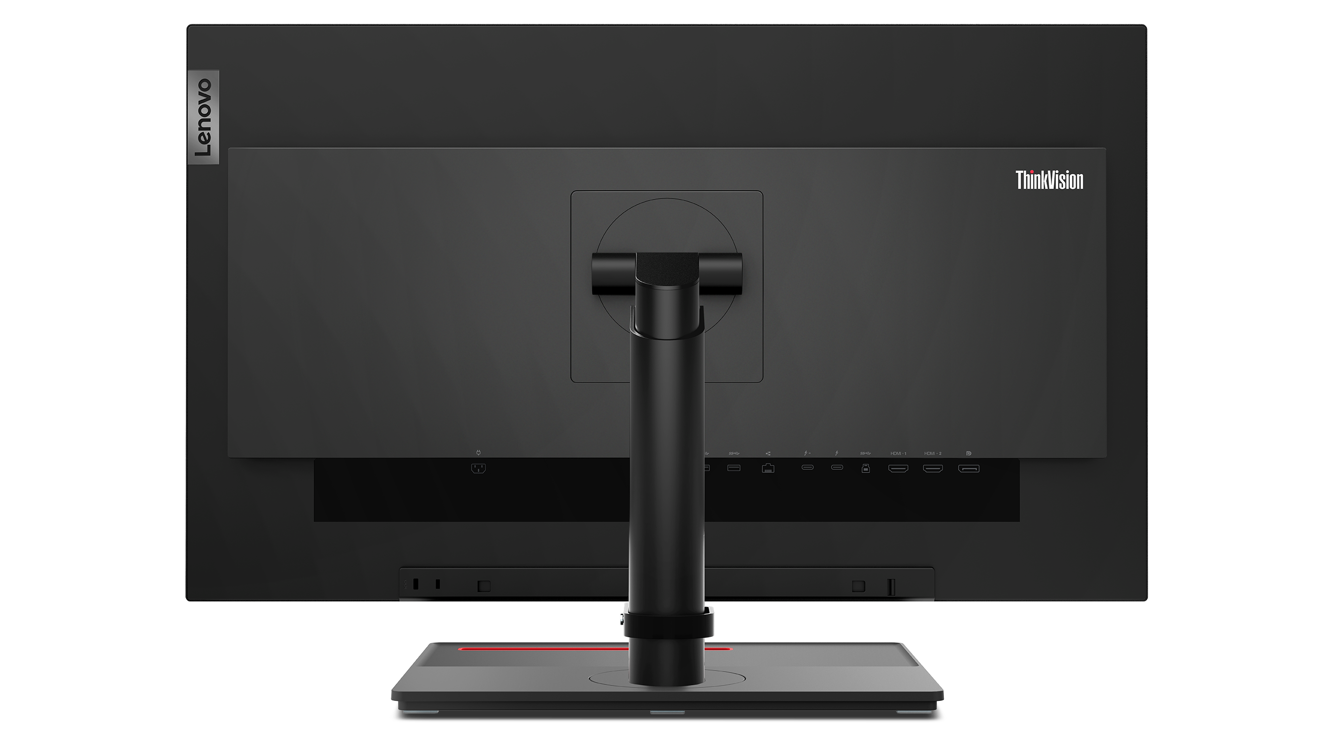 Rückansicht eines schwarzen Lenovo ThinkVision-Monitors. Er hat einen Ständer, Anschlüsse und die Logos von Lenovo und ThinkVision.