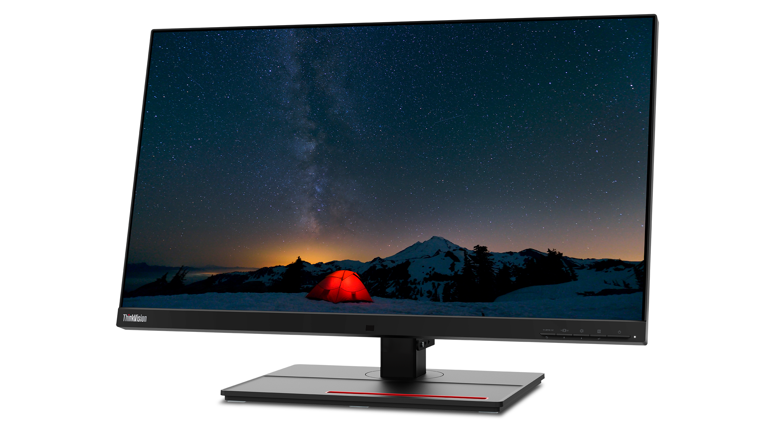 Ein Computermonitor zeigt einen Nachthimmel mit einem Berg und einem Zelt. Der Monitor ist schwarz mit silberner Basis.
