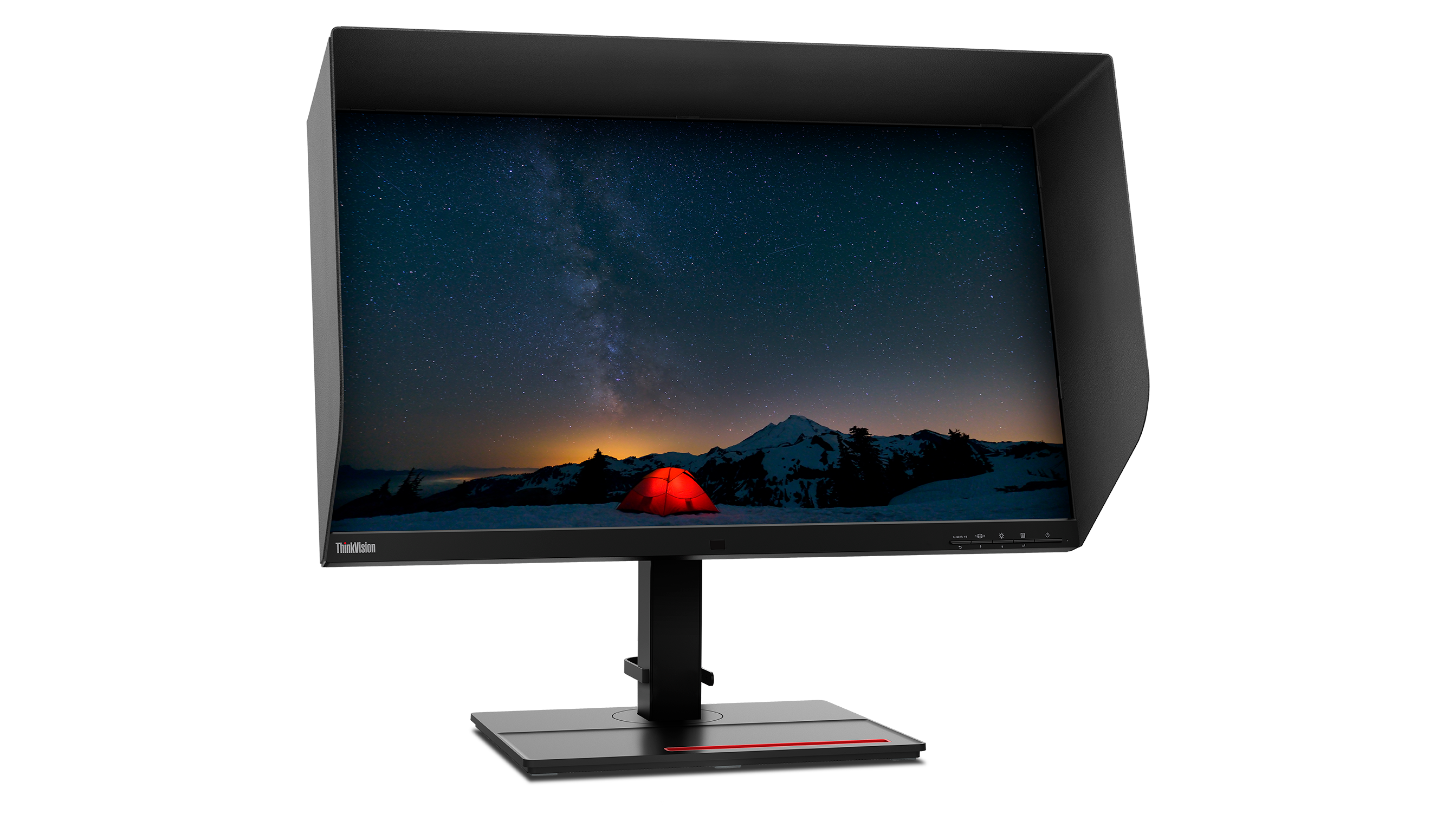 Monitor, der eine Nachthimmelszene mit einem Zelt zeigt. Der Monitor hat eine schwarze Haube. Der Ständer ist grau mit rotem Streifen.