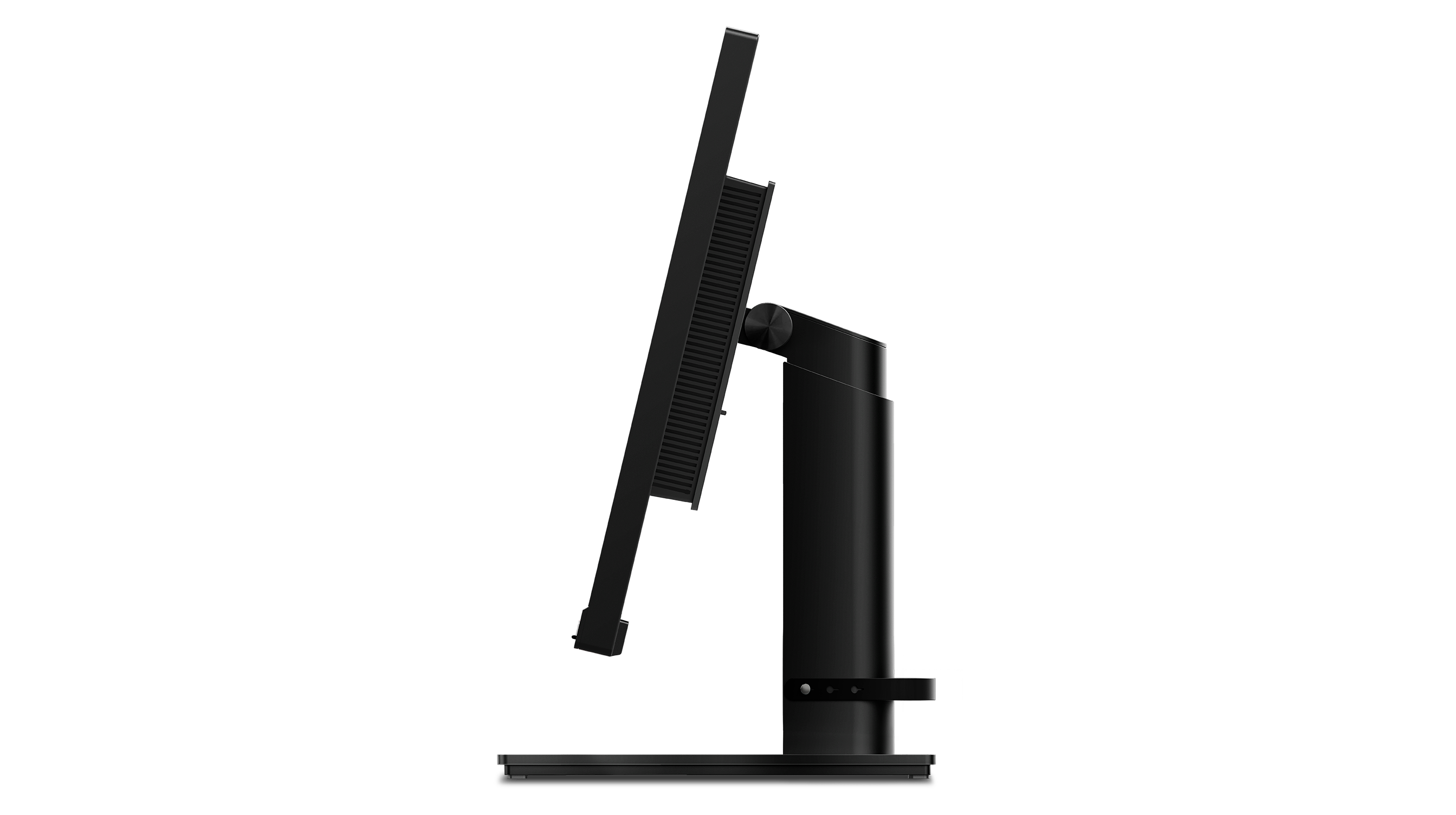 Seitenansicht eines schwarzen Computermonitors, leicht angewinkelt. Mit Ständer und Bildschirm mit dünnen Rahmen, vor schwarzem Hintergrund.