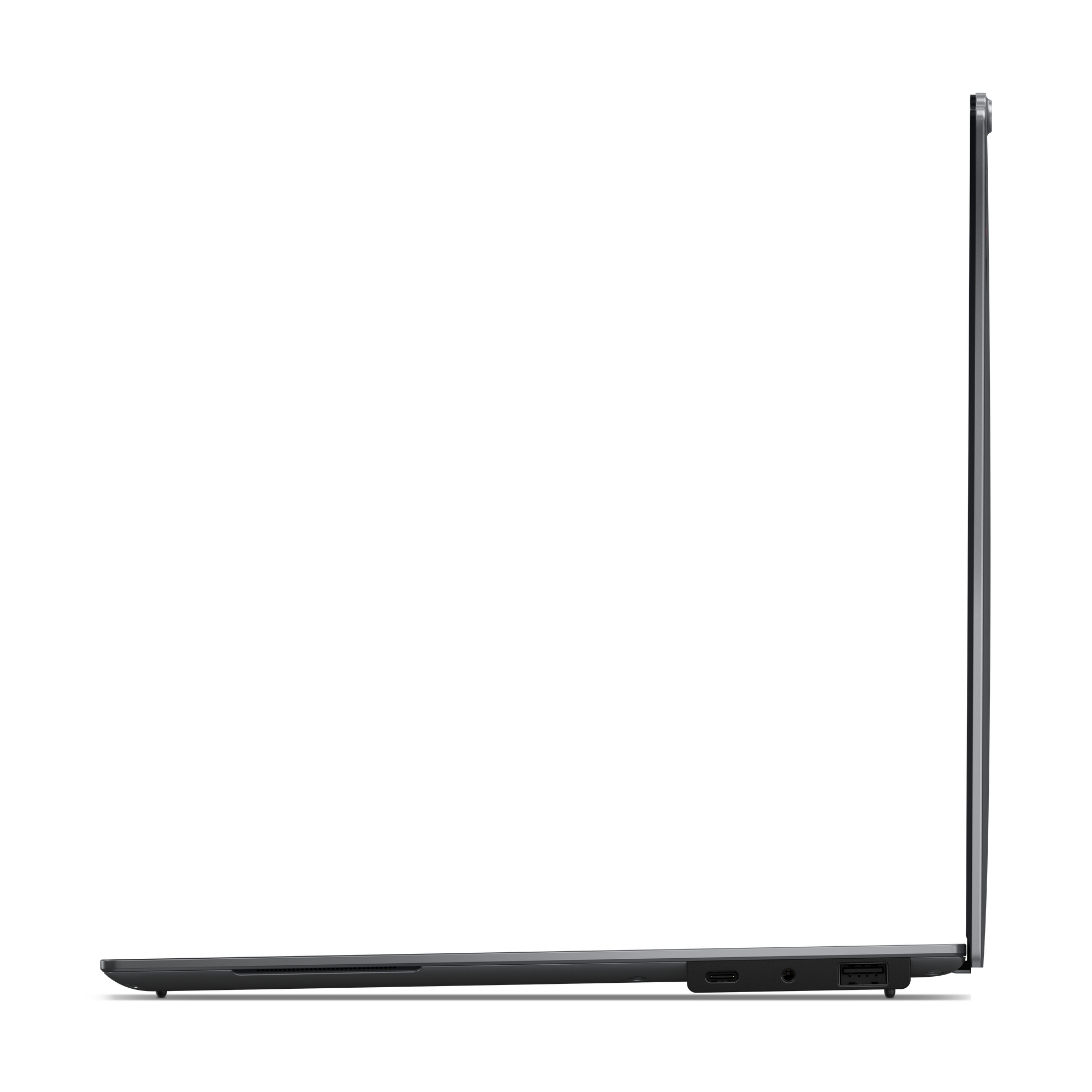 Seitenansicht eines schwarzen Laptops. Der Bildschirm ist geschlossen. Anschlüsse sind an der Seite sichtbar.