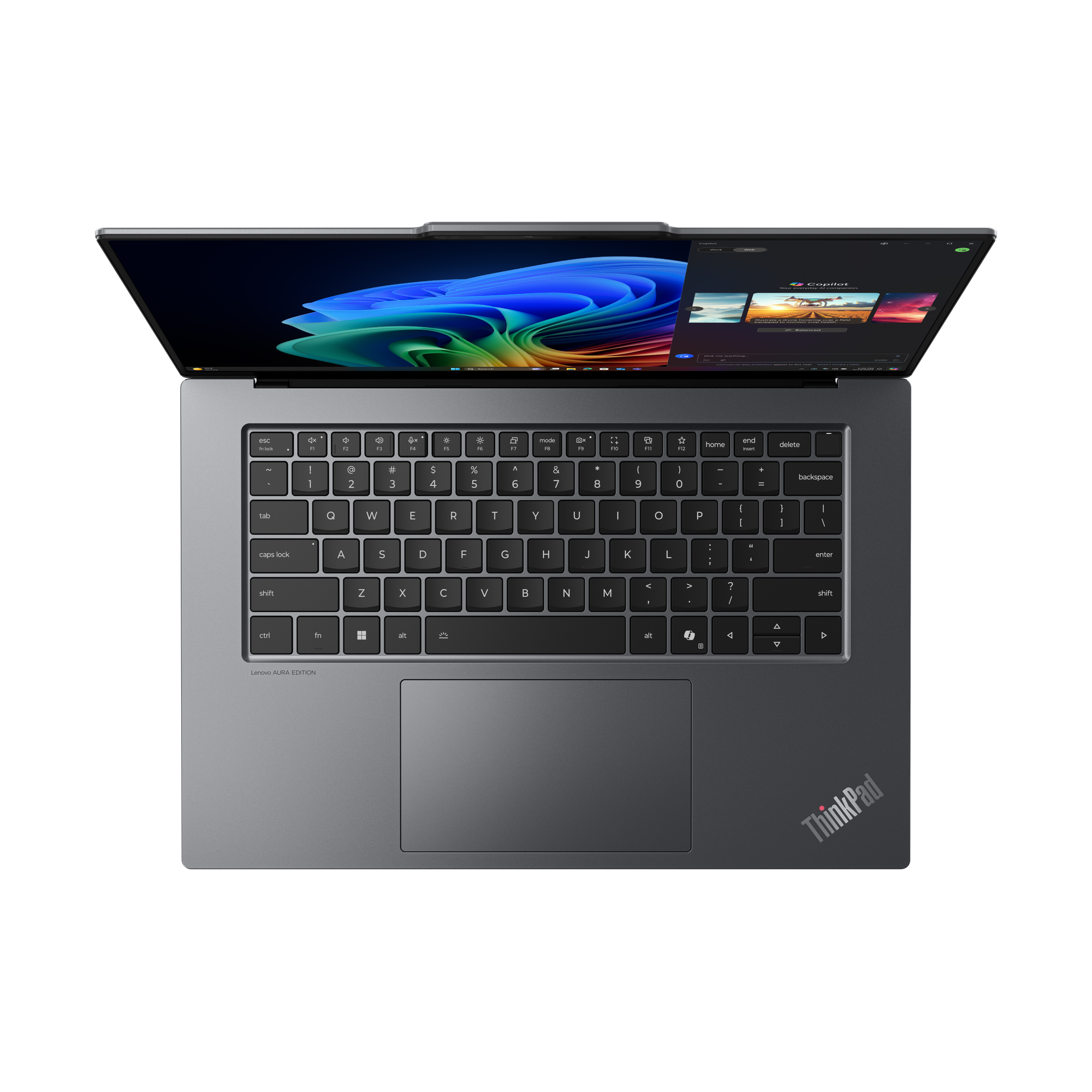 Draufsicht auf einen Laptop, der geöffnet ist, um Bildschirm und Tastatur freizugeben. Der Bildschirm zeigt eine farbenfrohe Oberfläche.