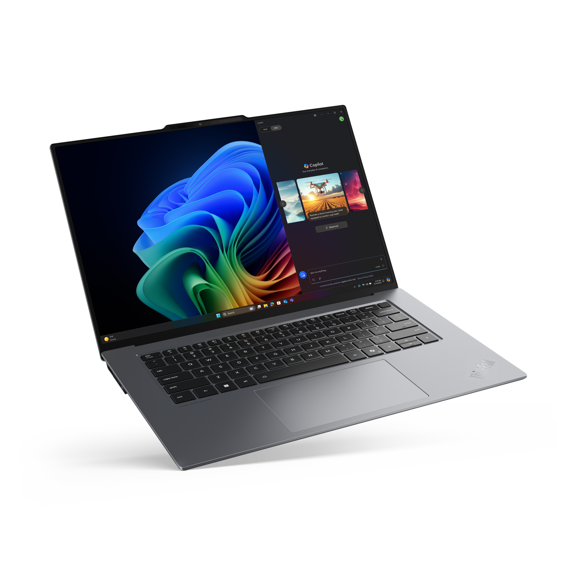 Ein Laptop mit buntem Hintergrundbild ist geöffnet. Der Bildschirm zeigt eine KI-Assistentenoberfläche.