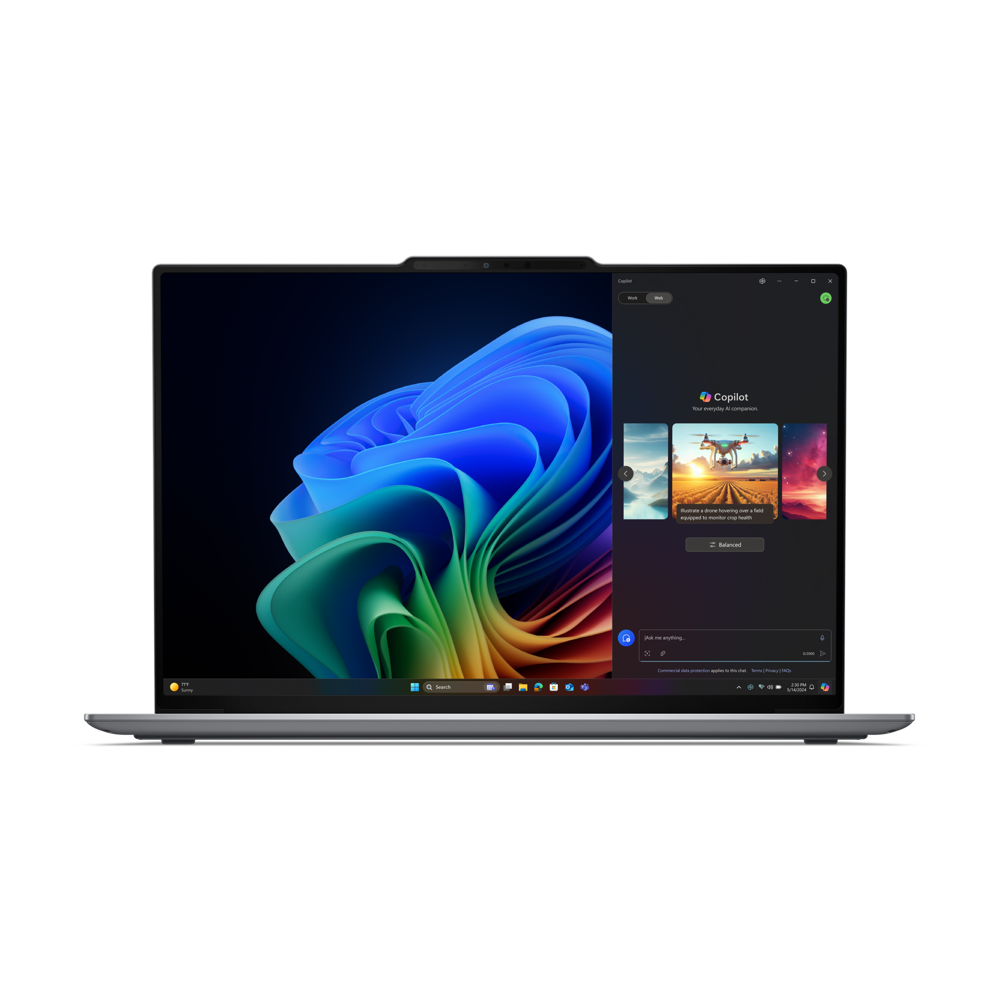 Ein Laptop zeigt ein lebendiges blaues und grünes abstraktes Bild. Der Copilot-KI-Assistent ist auf der rechten Seite geöffnet.