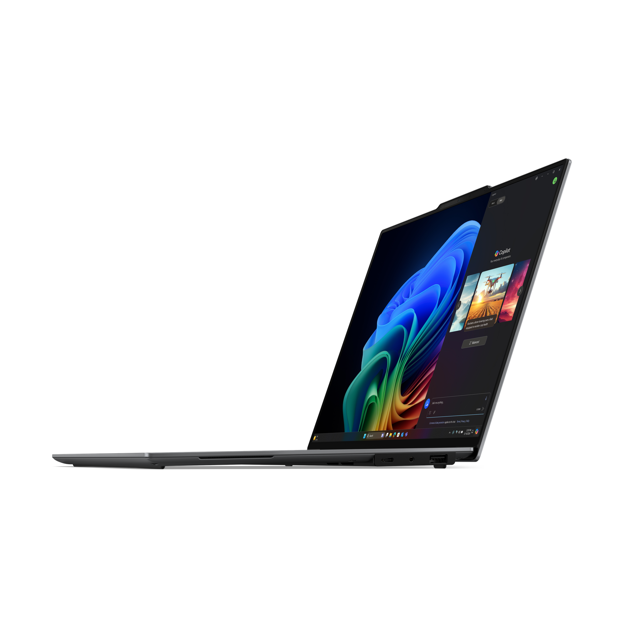 Ein Laptop ist geöffnet und zeigt ein farbenfrohes, abstraktes Bild. Der Bildschirm zeigt eine Copilot-Oberfläche.