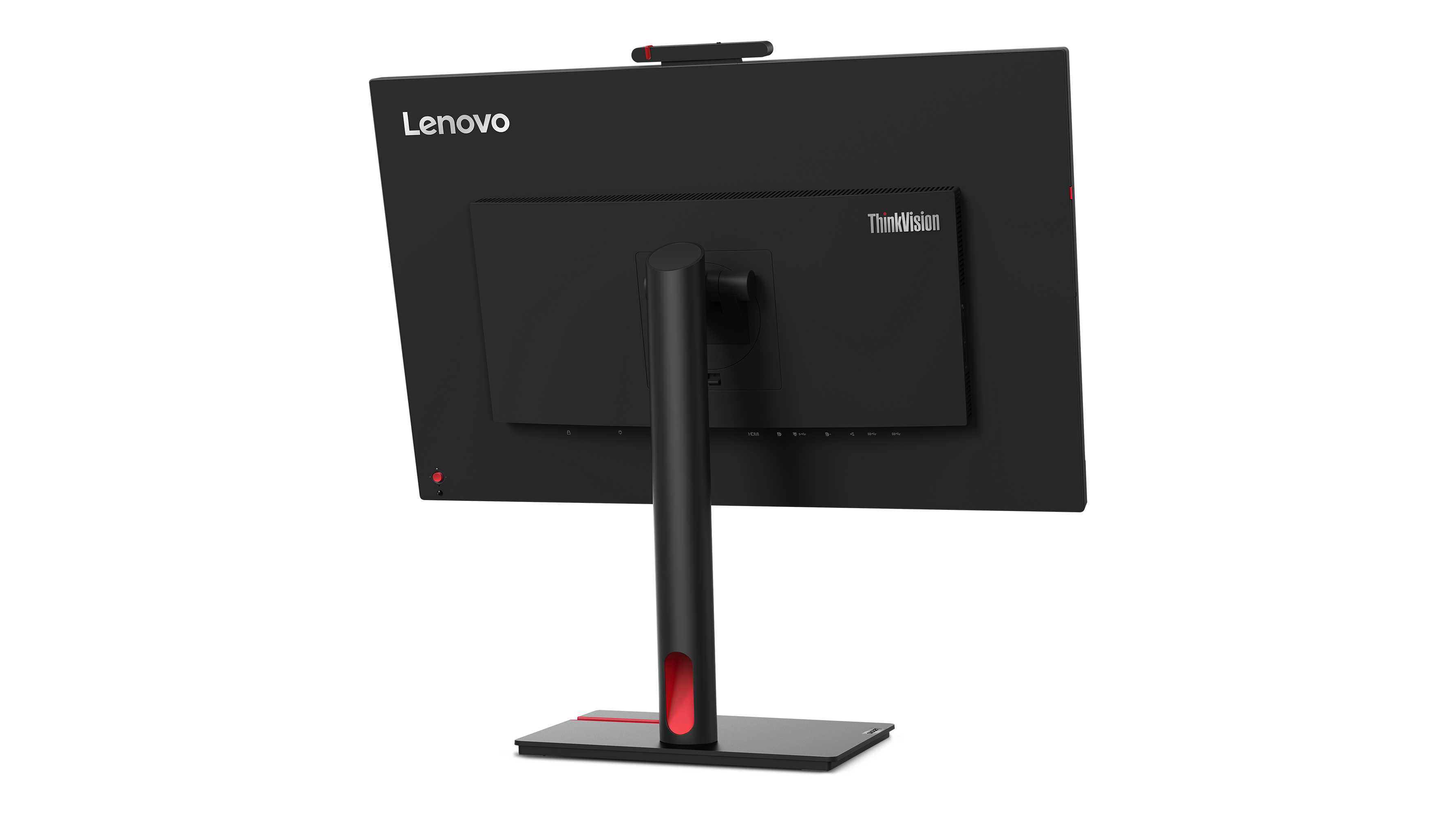Rückansicht eines Lenovo ThinkVision Monitors. Der Ständer ist schwarz und rot. Der Bildschirm ist schwarz mit dem Lenovo-Logo.