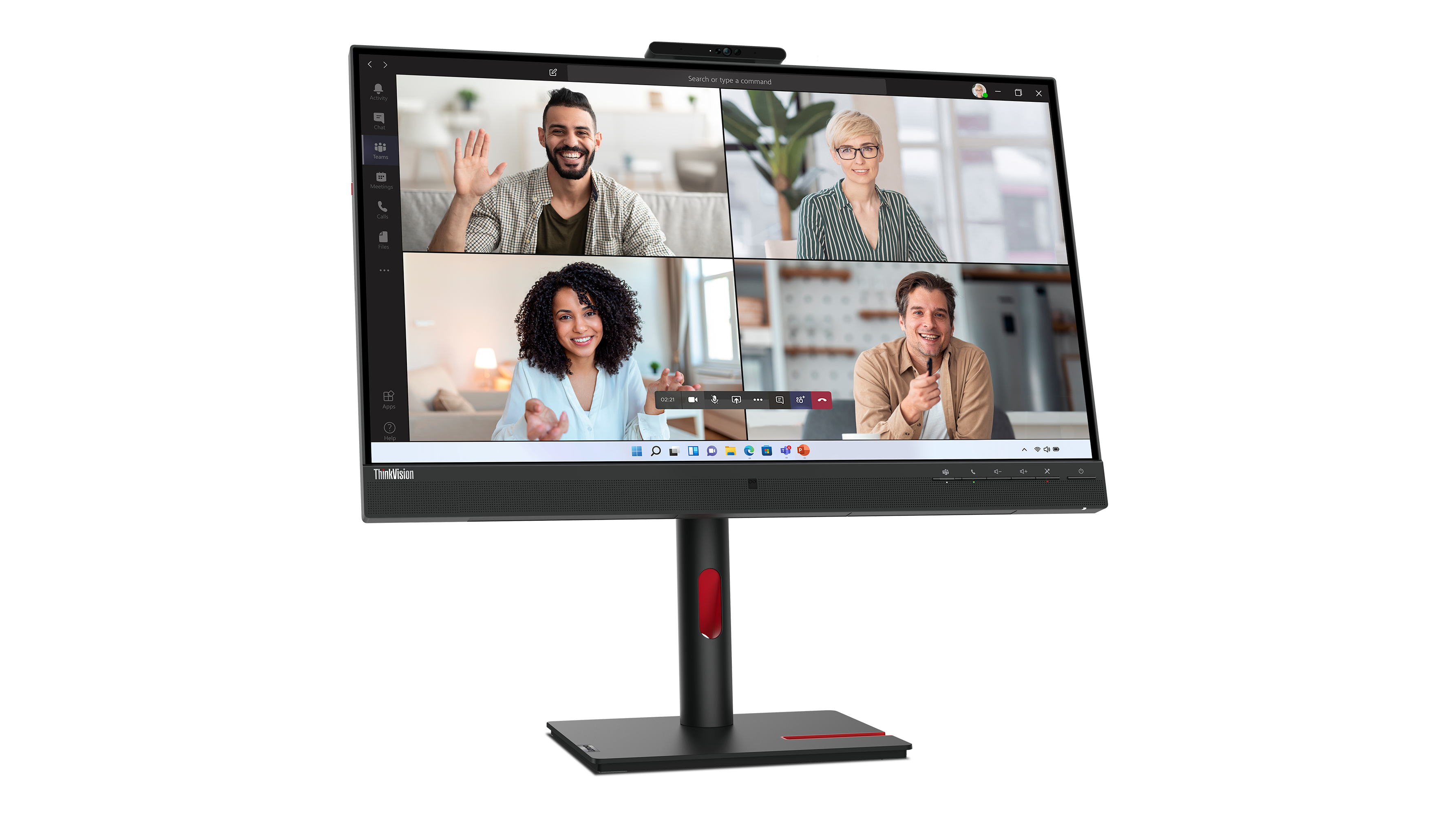 Ein Computermonitor zeigt einen Videoanruf mit vier Teilnehmern. Der Monitor ist schwarz mit schwarzem Ständer und roter Akzent.