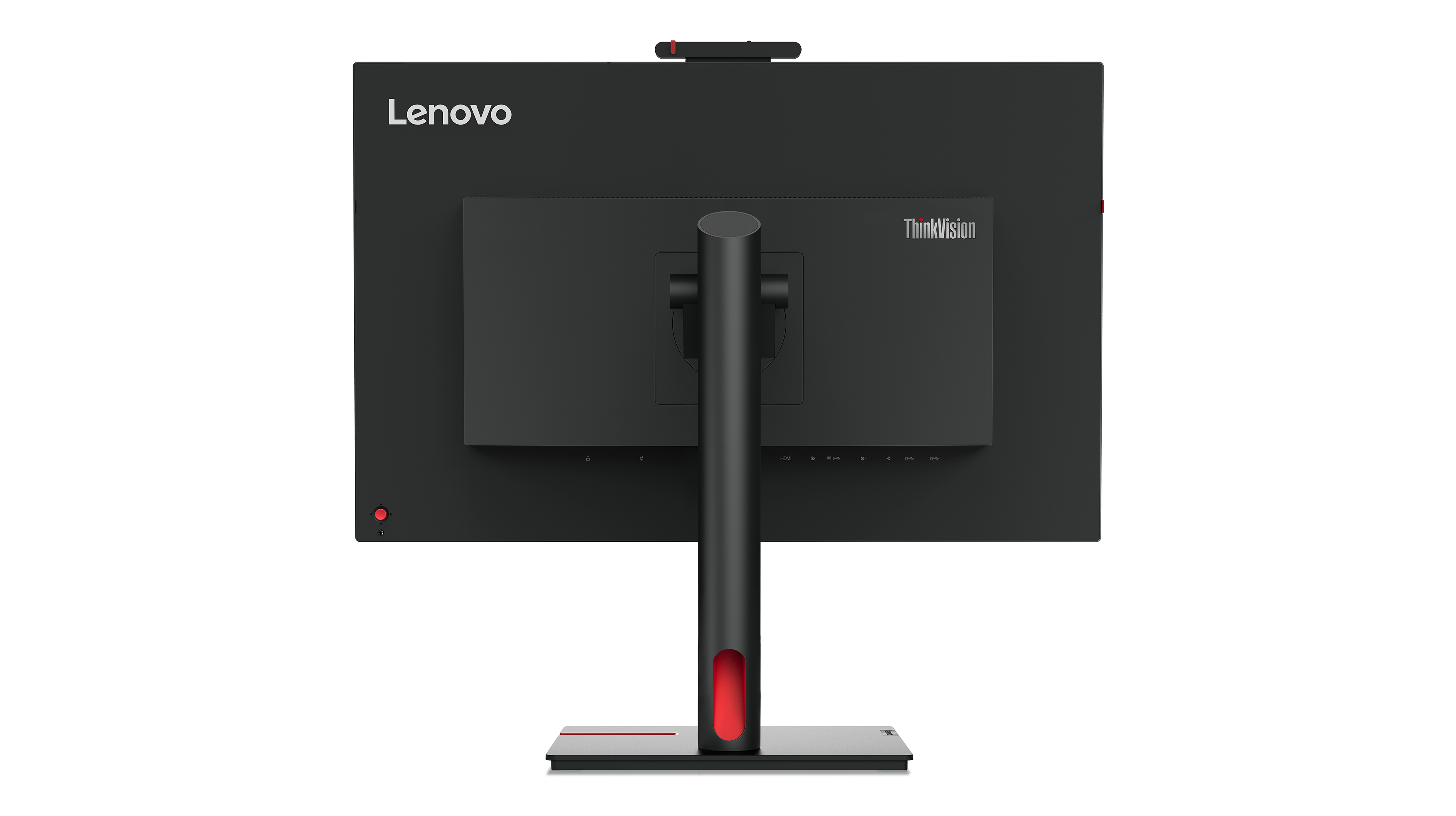 Schwarzer Lenovo-Monitor mit ThinkVision-Logo. Rote Akzente am Ständer und eine kleine Kamera oben. Rückansicht.