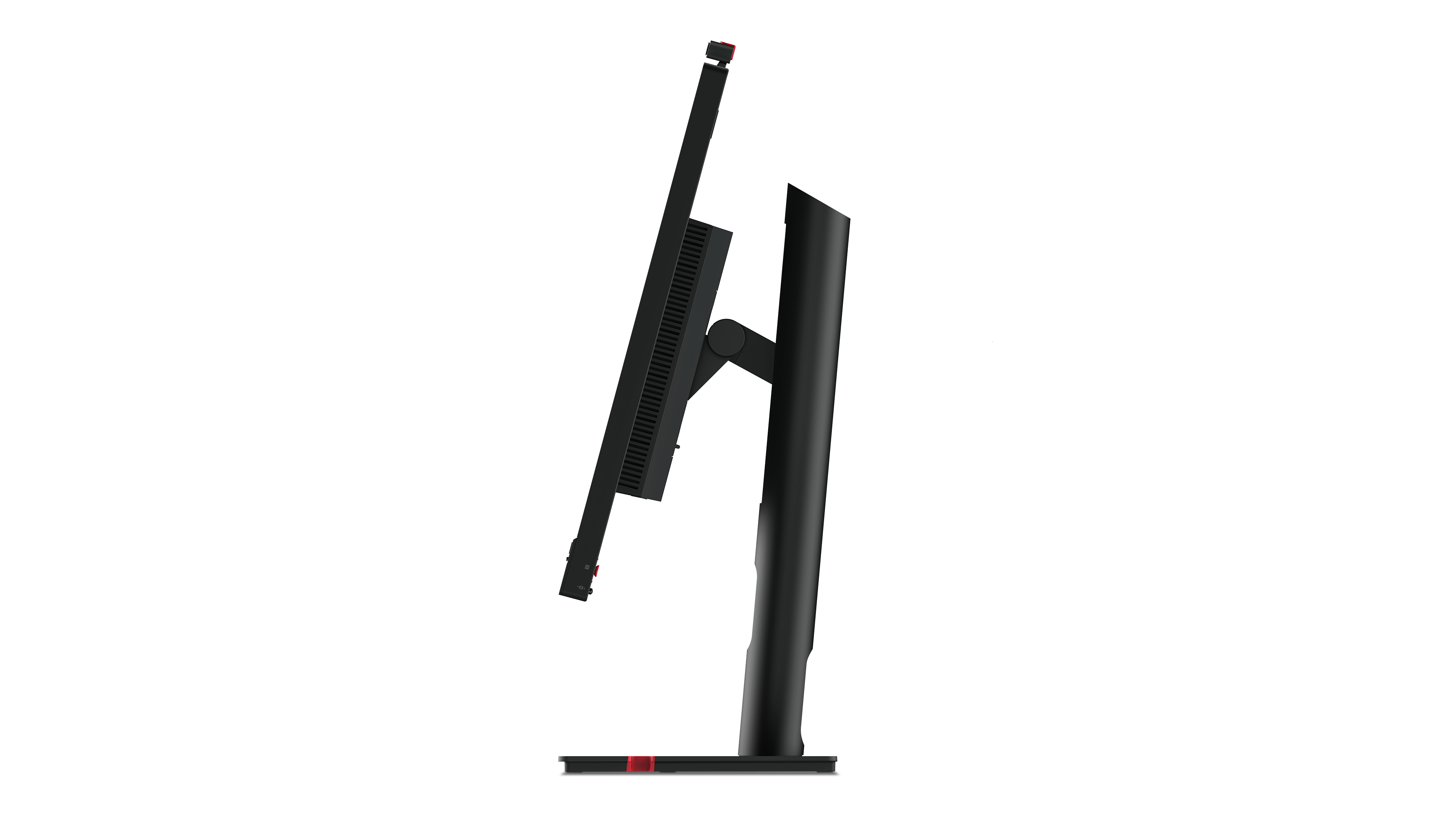 Ein schwarzer Computermonitor, von der Seite gesehen, steht auf einem schwarzen Ständer. Der Monitor hat rote Akzente.
