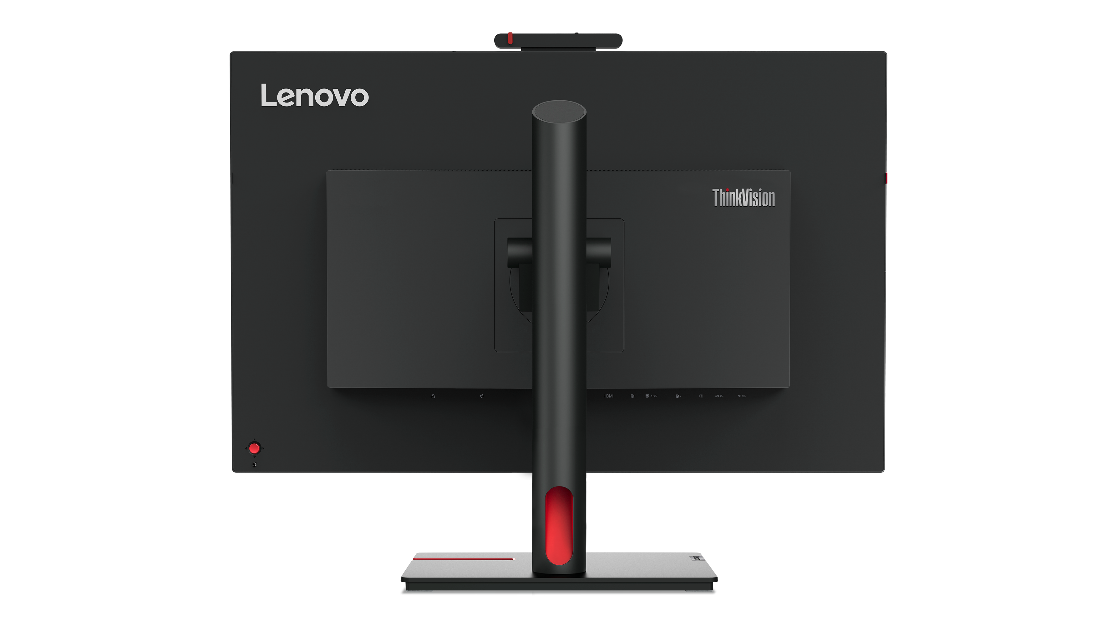 Rückseite eines schwarzen Lenovo ThinkVision-Monitors. Er hat einen Ständer und ein rotes Licht unten. Lenovo-Logo oben.