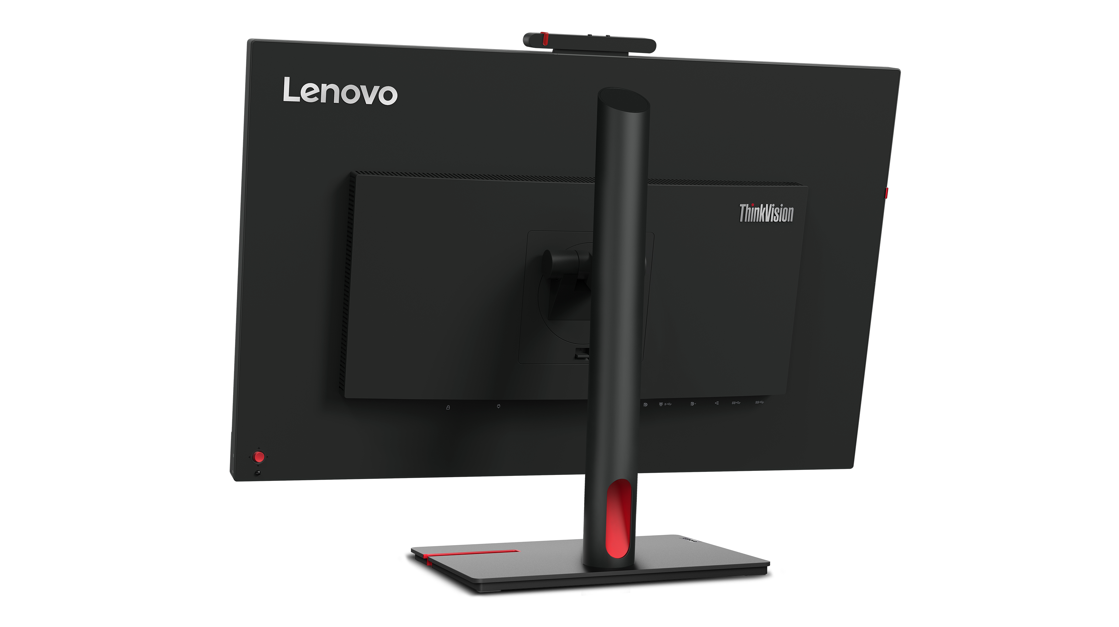 Rückseite des schwarzen Lenovo ThinkVision Monitors. Ständer schwarz mit roten Akzenten. Webcam oben. Schwarzer Hintergrund.