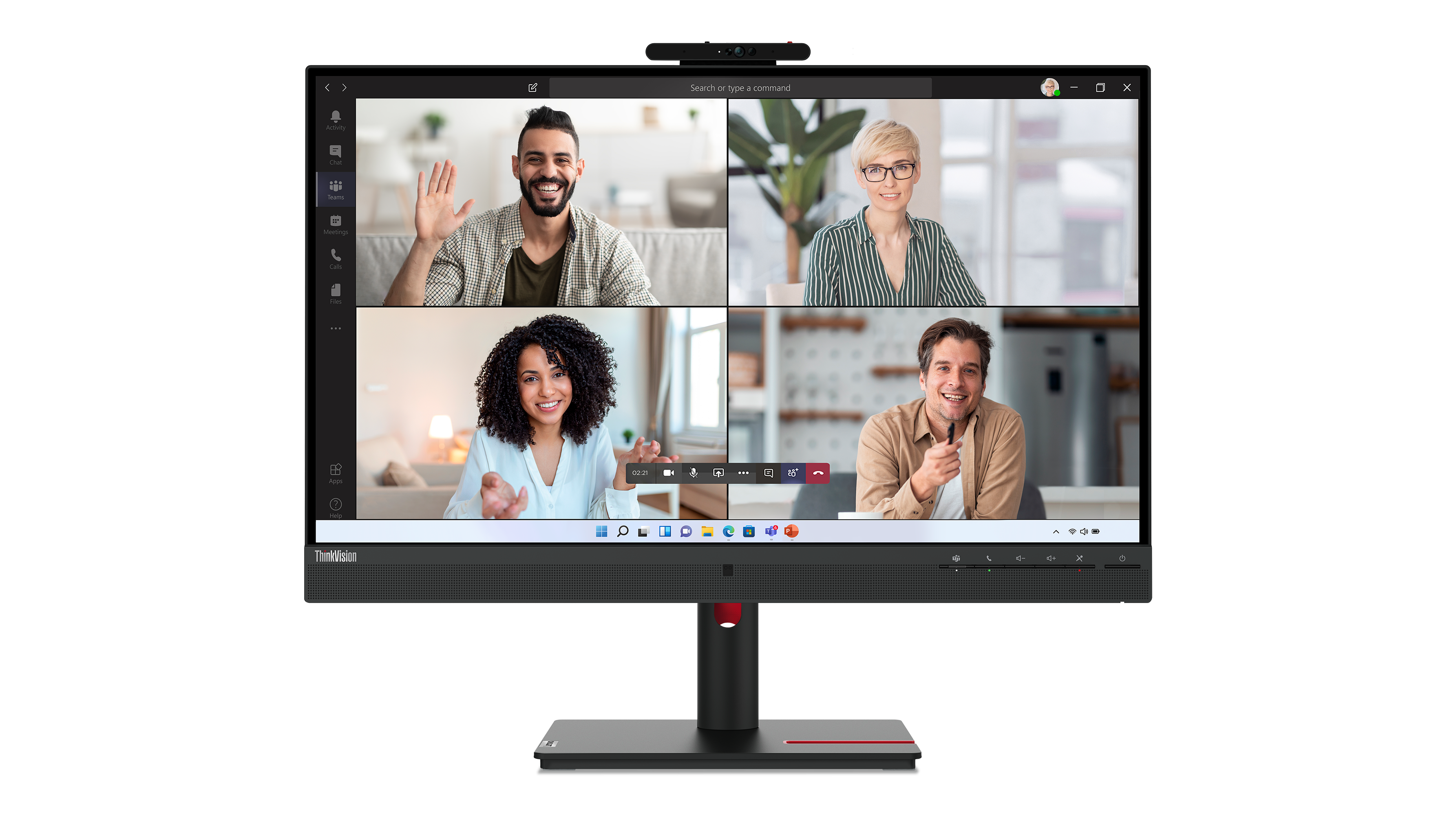 Ein Computermonitor zeigt einen Videoanruf mit vier Teilnehmern. Der Monitor ist schwarz, mit einem roten Streifen an der Basis.