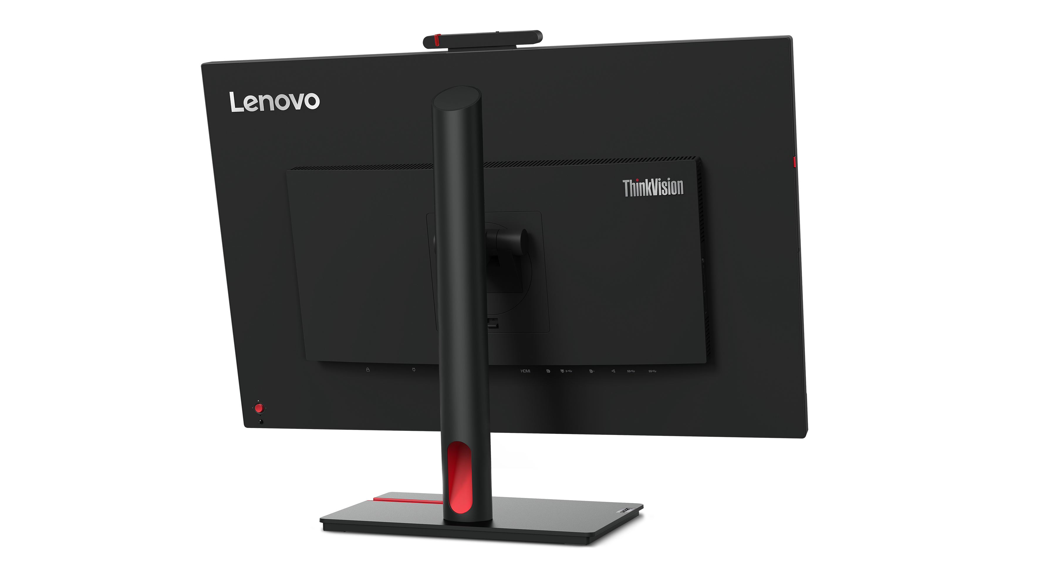 Ein schwarzer Lenovo ThinkVision Monitor mit roter Basis und Akzenten. Der Monitor hat eine Webcam. Die Rückseite ist sichtbar.