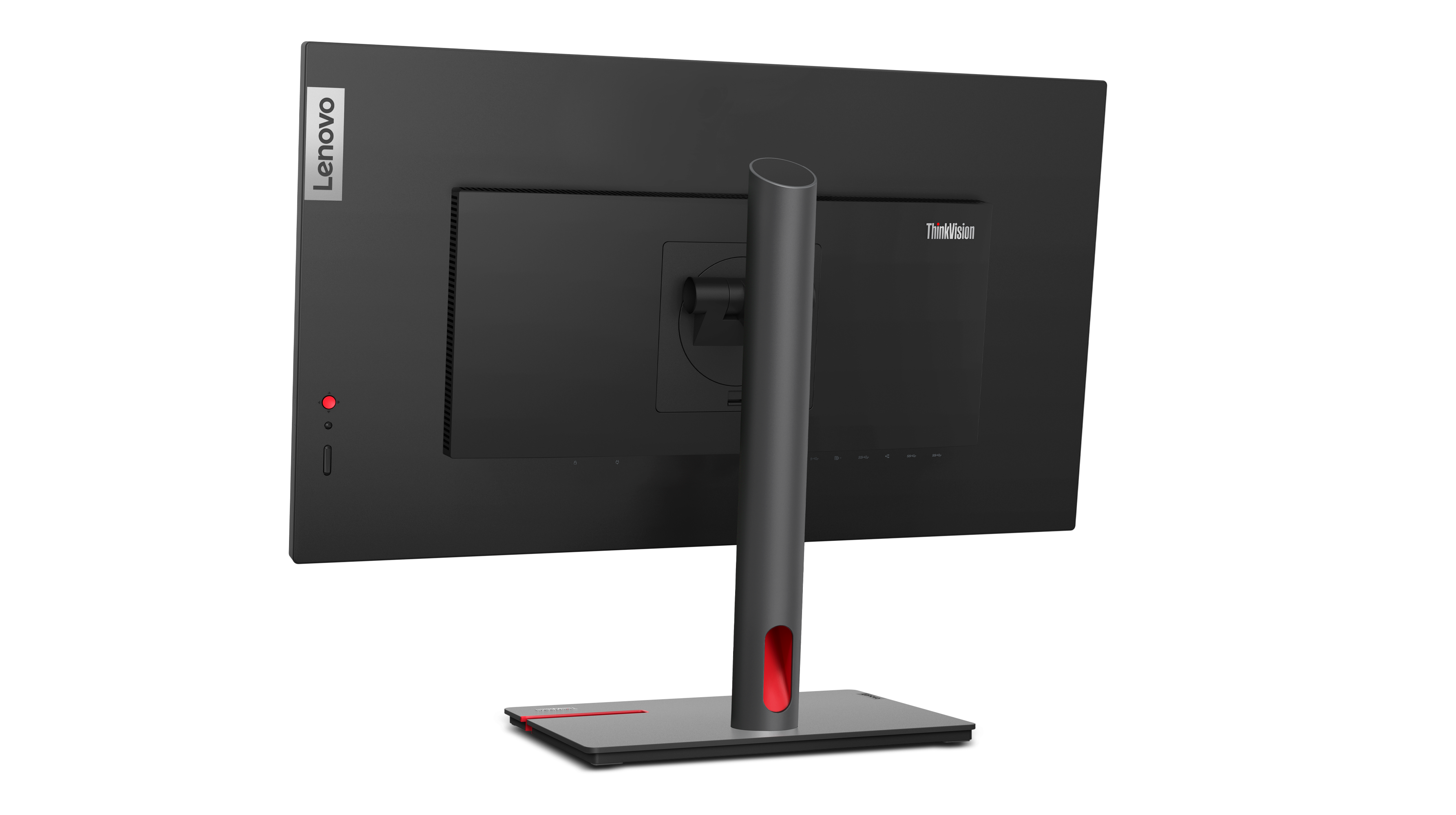 Rückansicht eines schwarzen ThinkVision-Monitors. Lenovo-Logo links. Ständer grau mit rotem Akzent.