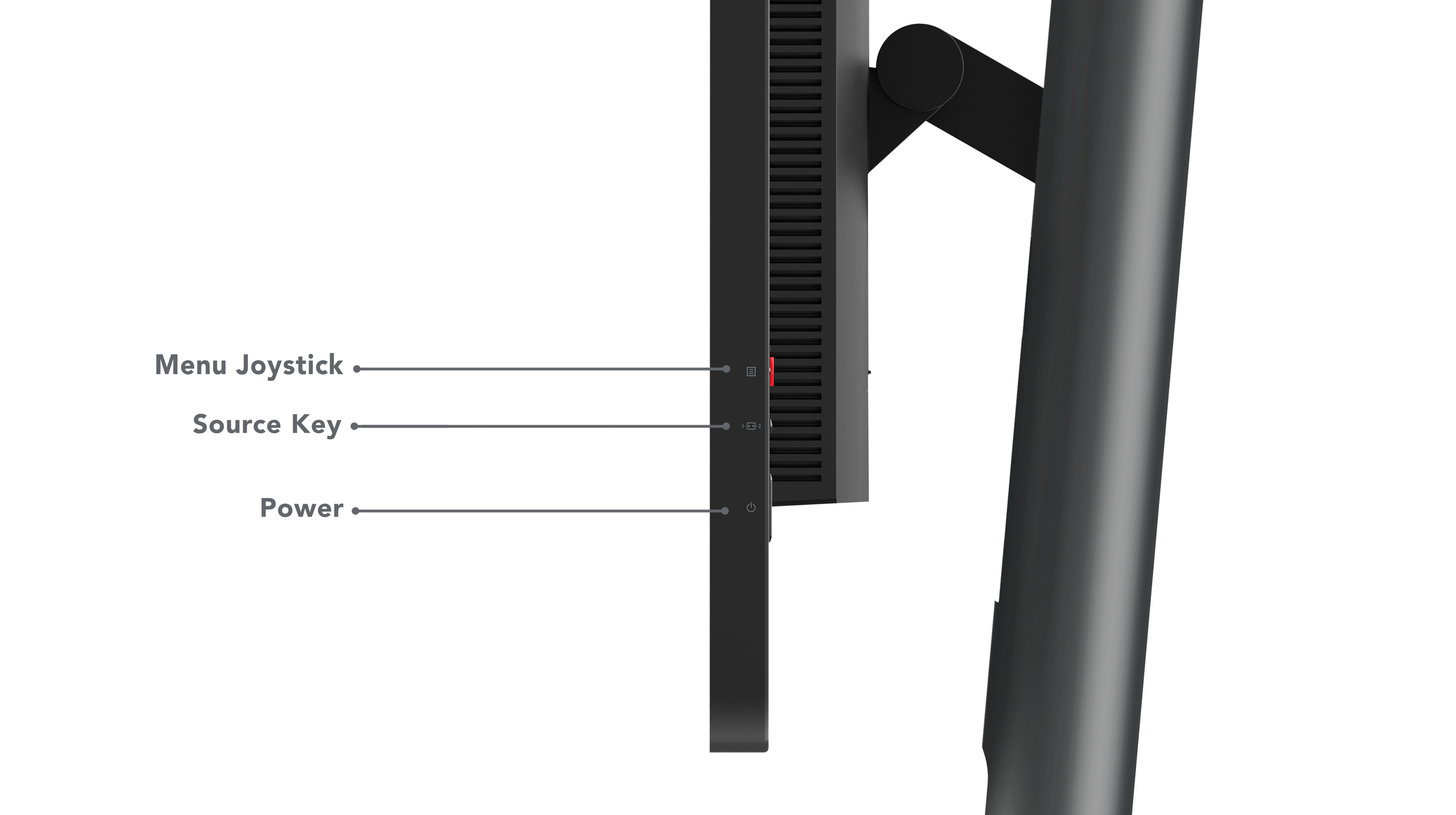 Seitenansicht eines schwarzen Computermonitors. Beschriftete Tasten sind Menü-Joystick, Source Key und Power. Schwarzer Hintergrund.